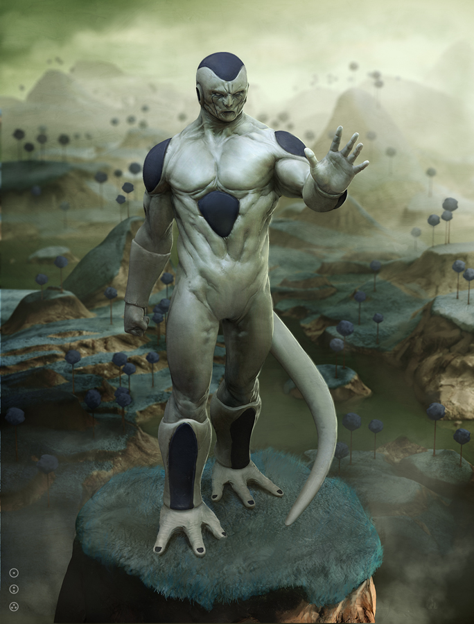 david muñoz velazquez, david munoz velazquez, final form frieza, frieza, dragon ball, dragonball z, source request, 1boy, alien, blue grass, blue tree, cloud, colored skin, facing viewer, full body, green sky, male focus, muscular, muscular male, namek, outdoors, realistic, sky, solo, standing, tail, white skin