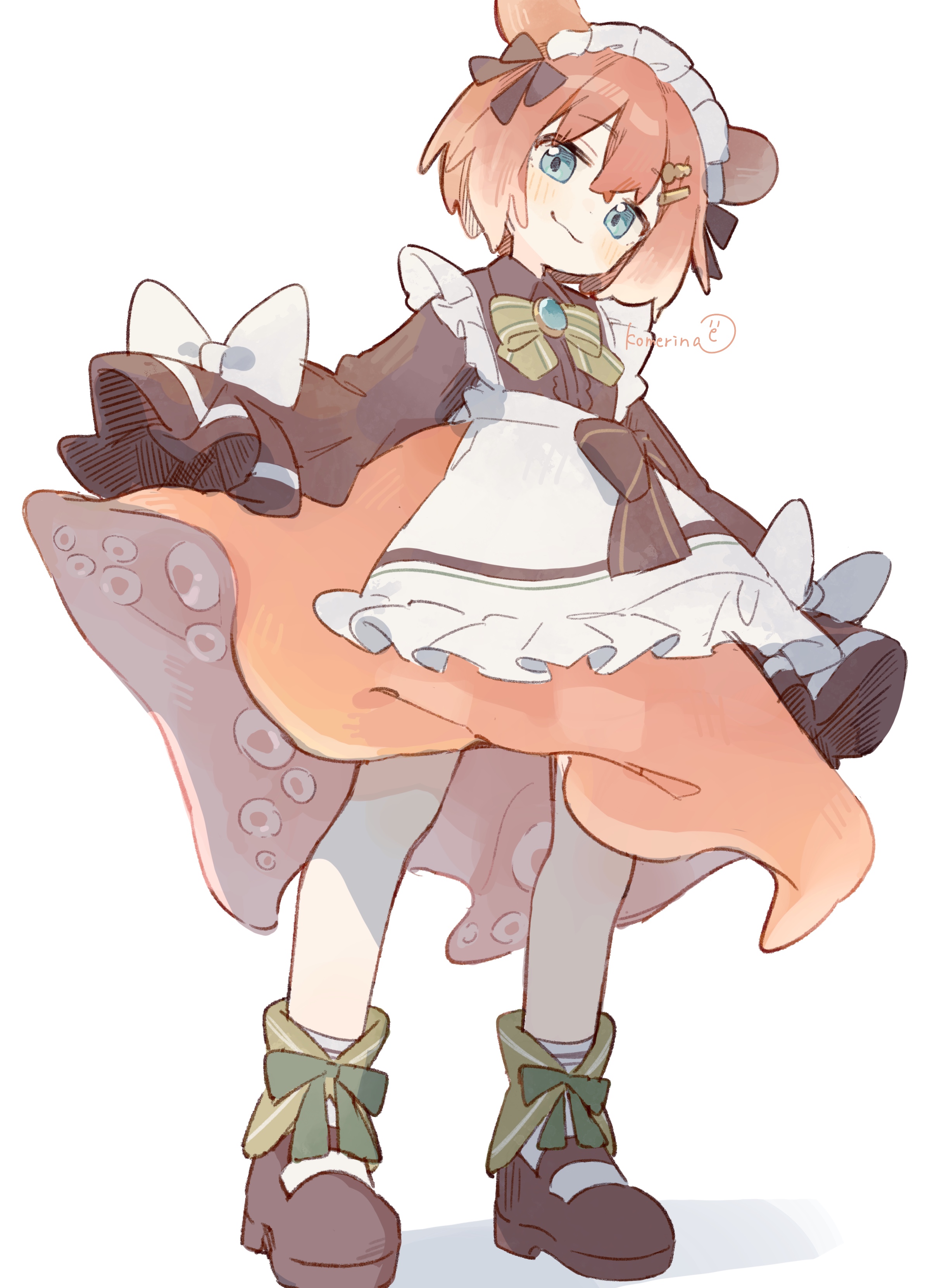 komerina, original, absurdres, commentary, highres, 1boy, :3, a-pose, apron, artist name, black bow, black shirt, blue eyes, blush, bow, bowtie, brooch, brown shoes, closed mouth, collared shirt, crossdressing, crossdressing (mtf), dot nose, footwear bow, foreshortening, frilled apron, frills, from below, full body, green bow, green bowtie, hair between eyes, hair bow, hair ornament, hair ribbon, hairclip, head tilt, jewelry, long sleeves, looking at viewer, maid, maid apron, maid headdress, male focus, male maid, mary janes, medium hair, octopus boy, orange hair, orange skirt, personification, puffy long sleeves, puffy sleeves, ribbon, shirt, shoes, sidelocks, signature, simple background, skirt, sleeves past fingers, sleeves past wrists, smile, solo, standing, suction cups, trap, umbrella octopus, unconventional maid, waist apron, white apron, white background, white bow