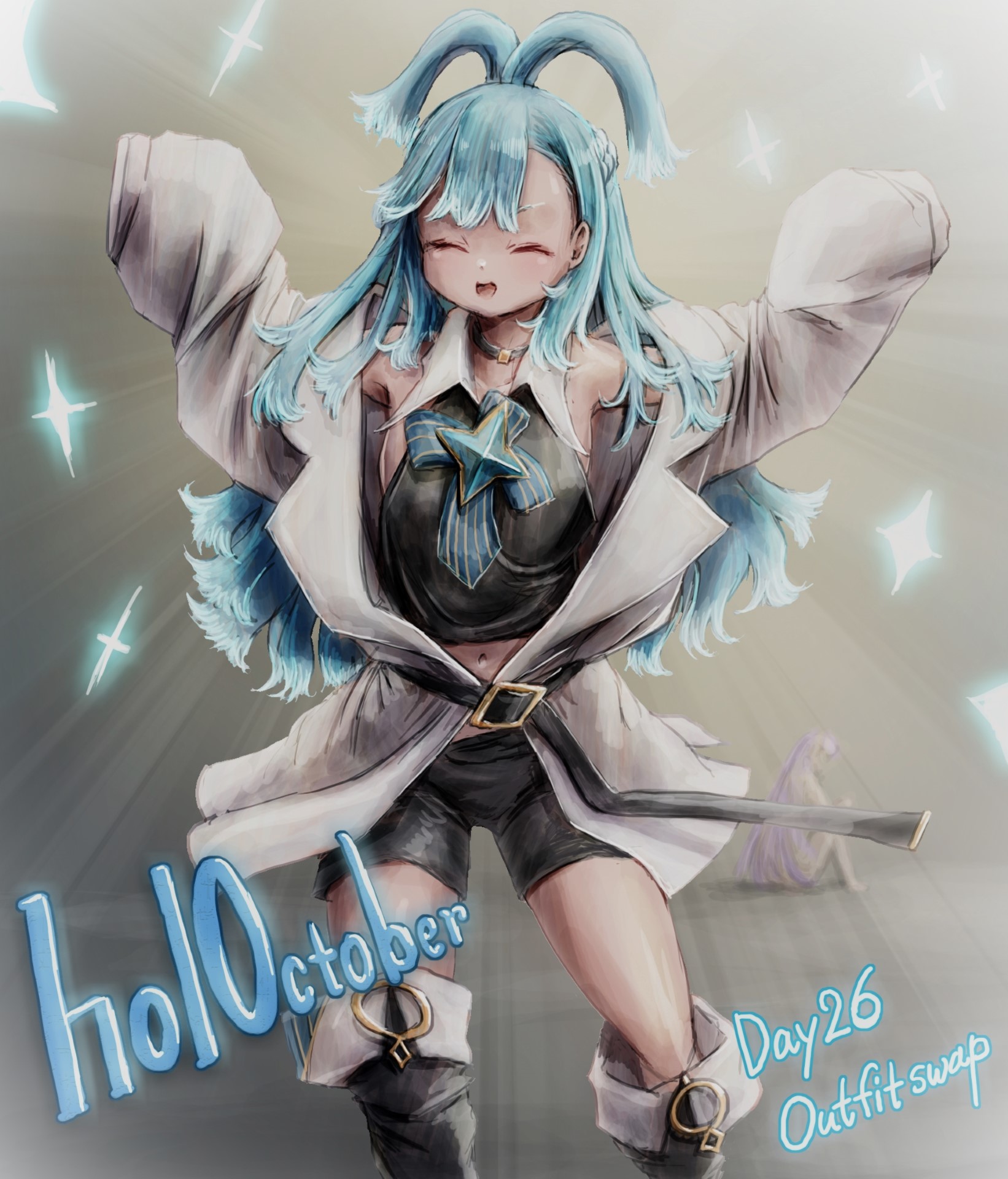 nymph rhythm, kobo kanaeru, moona hoshinova, moona hoshinova (1st costume), hololive, hololive indonesia, highres, 2girls, antenna hair, black shirt, black shorts, blue hair, breasts, closed eyes, cosplay, jacket, long hair, moona hoshinova (cosplay), multiple girls, navel, open mouth, oversized clothes, purple hair, shirt, shorts, small breasts, virtual youtuber, white jacket