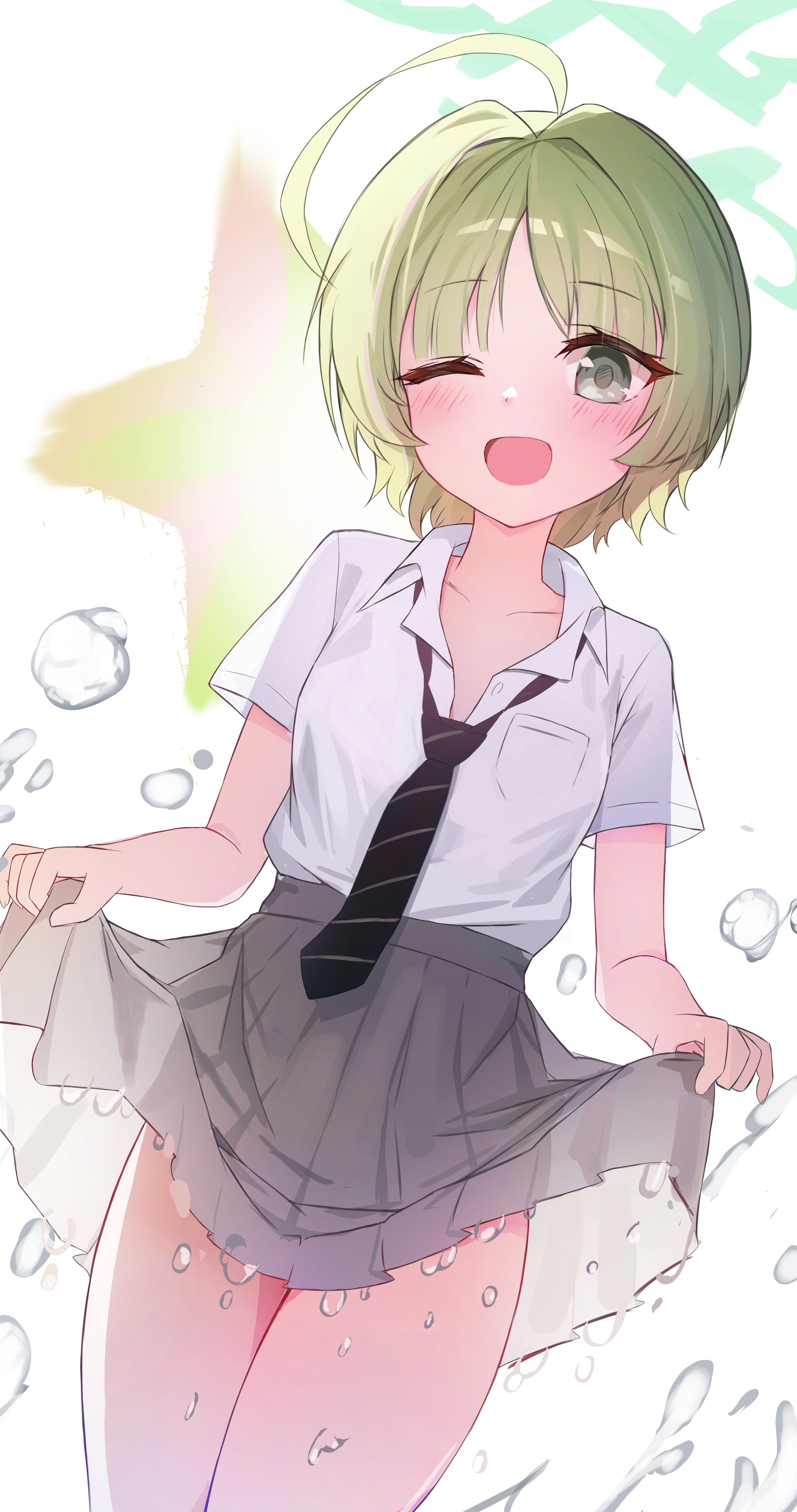 tokcha, ritsu (blue archive), blue archive, absurdres, commentary request, highres, revision, 1girl, ;d, ahoge, black necktie, breast pocket, breasts, collared shirt, diagonal-striped clothes, diagonal-striped necktie, green eyes, green hair, green halo, grey skirt, halo, looking at viewer, miniskirt, necktie, one eye closed, open mouth, partially unbuttoned, pleated skirt, pocket, school uniform, shirt, short hair, short sleeves, skirt, skirt hold, small breasts, smile, solo, star (symbol), striped clothes, water drop, white shirt
