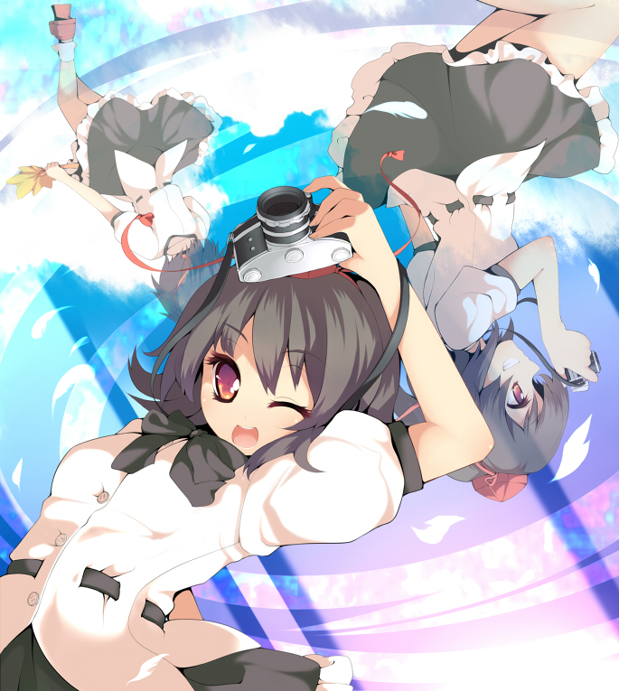 uruu gekka, shameimaru aya, touhou, 1girl, black hair, camera, female focus, geta, hand fan, hat, one eye closed, red eyes, short hair, skirt, tengu-geta, tokin hat, wink