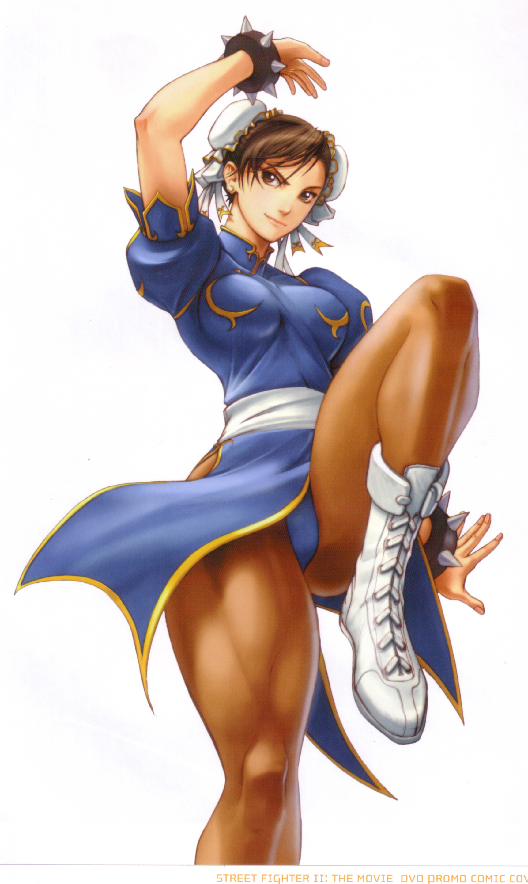 omar dogan, udon entertainment, chun-li, capcom, street fighter, absurdres, highres, scan, 1girl, bracelet, breasts, china dress, chinese clothes, dress, female focus, jewelry, pantyhose, pelvic curtain, small breasts, solo, spiked bracelet, spikes, thick thighs, thighs