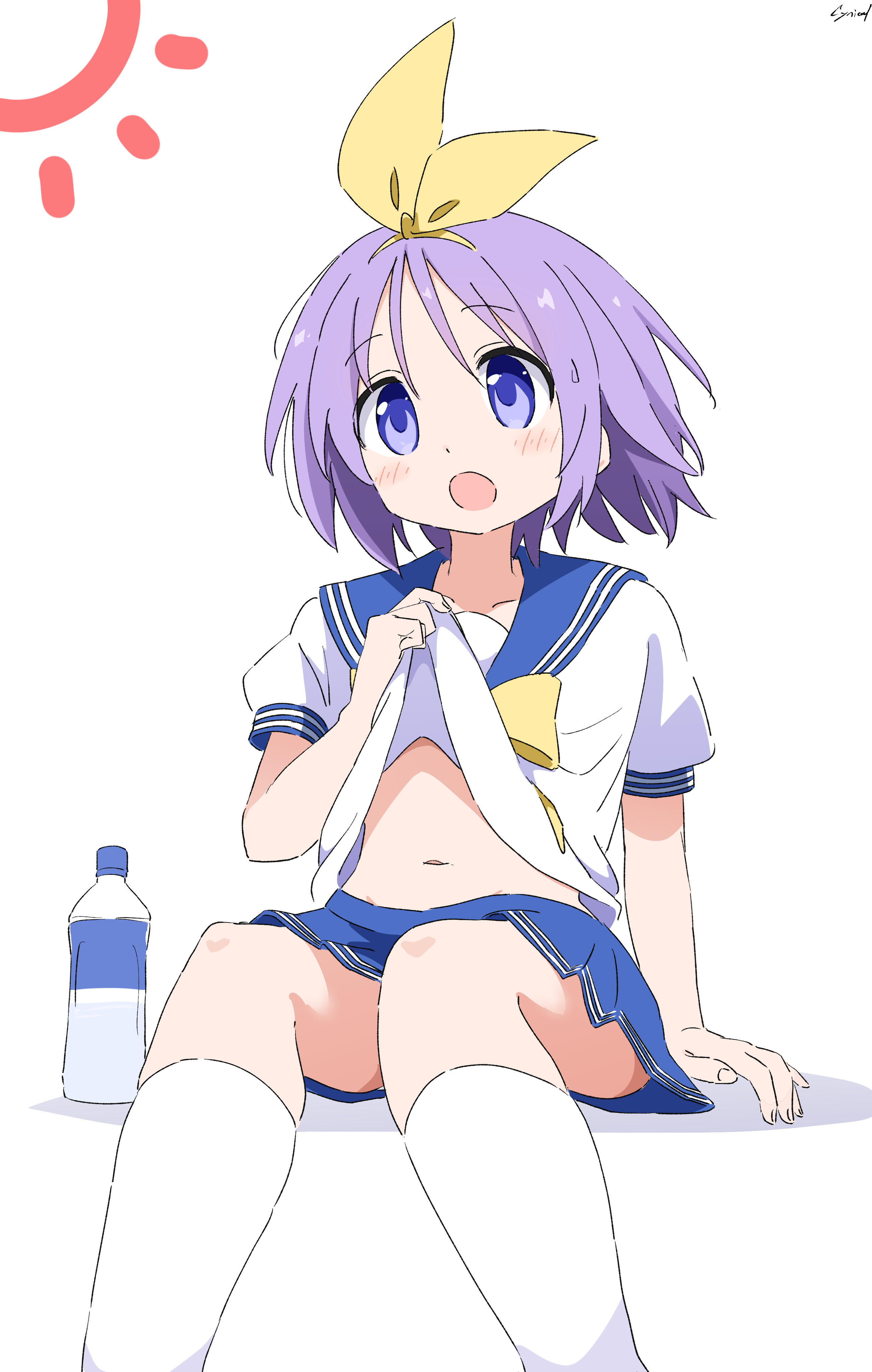 cynical (llcbluckg c004), hiiragi tsukasa, lucky star, absurdres, commentary request, highres, 1girl, :o, arm support, blue sailor collar, blue skirt, blush, bottle, bow, bow hairband, clothes lift, dot nose, hairband, hand up, invisible chair, kneehighs, lifting own clothes, miniskirt, navel, open mouth, pleated skirt, purple eyes, purple hair, ryouou school uniform, sailor collar, school uniform, serafuku, shirt, shirt lift, short hair, short sleeves, signature, simple background, sitting, skirt, socks, solo, stomach, sun symbol, water bottle, white background, white shirt, white socks, yellow bow, yellow hairband