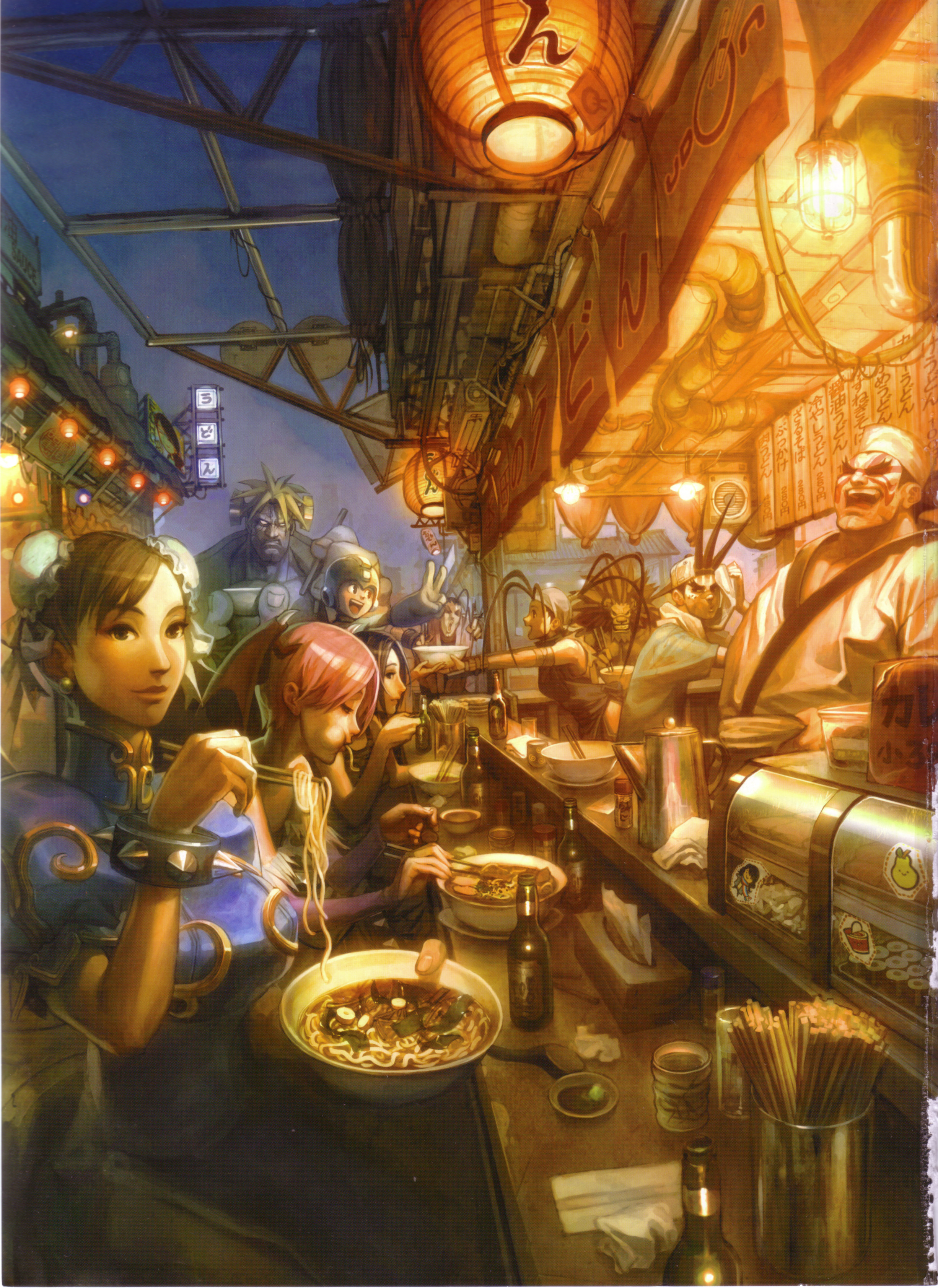 arnistotle, arnold tsang, udon entertainment, chun-li, e. honda, hibiki dan, ibuki, kazama akira, leo (warzard), lilith (darkstalkers), mega man (character), sawamura shoma, victor von gerdenheim, capcom, darkstalkers, justice gakuen, mega man (classic), mega man (series), shiritsu justice gakuen, street fighter, street fighter ii, street fighter iii, street fighter zero, street fighter zero i, warzard, absurdres, highres, scan, androgynous, bat wings, black eyes, black hair, breasts, brown eyes, brown hair, bun cover, china dress, chinese clothes, crossover, demon girl, dishes, double bun, epic, food, head wings, headband, japanese clothes, lamp, large breasts, night, ninja, noodles, pantyhose, purple hair, ramen, restaurant, short hair, smile, spaghetti, tea, udon, wings