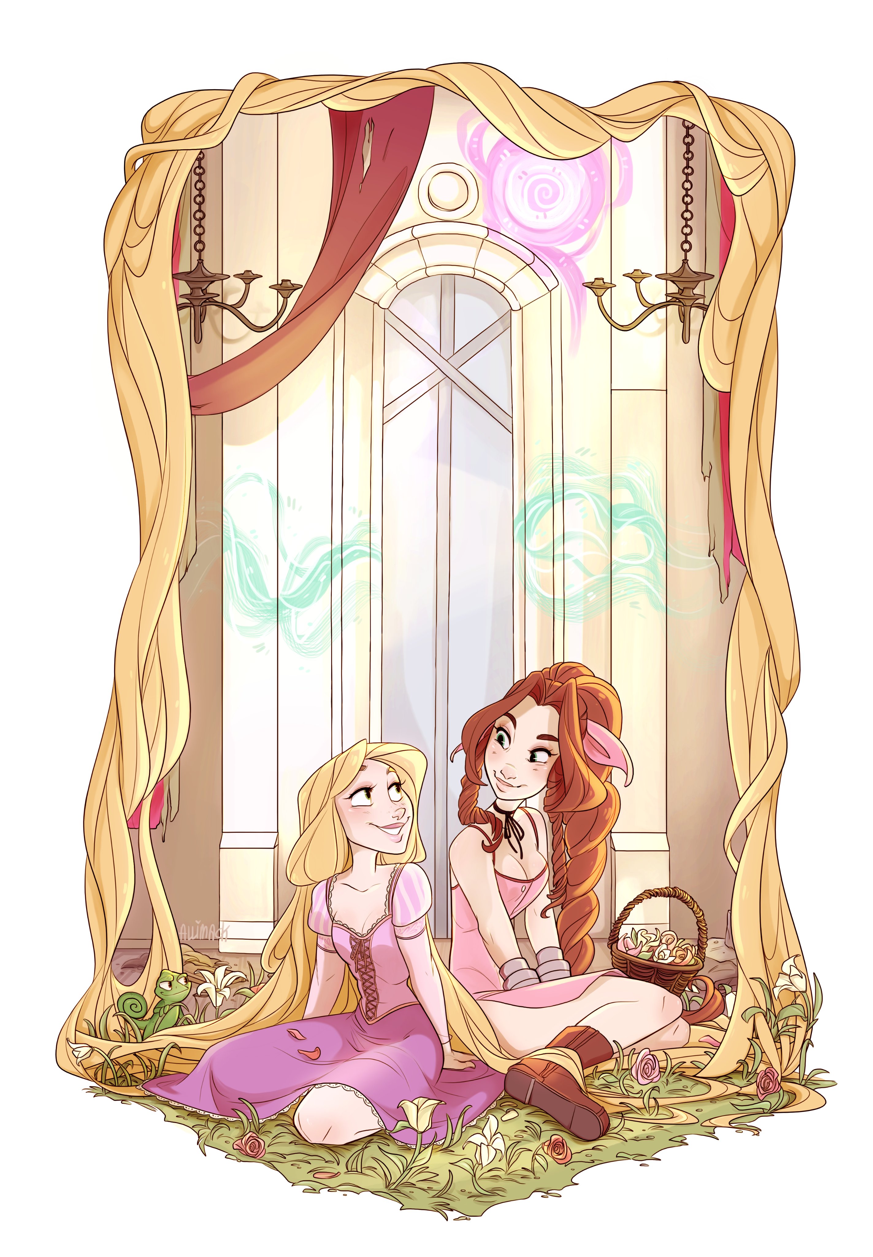 skirtzzz, aerith gainsborough, pascal (tangled), rapunzel (disney), final fantasy, final fantasy vii, tangled, absurdres, highres, 2girls, bangle, bare shoulders, basket, black choker, blonde hair, boots, border, bracelet, braid, braided ponytail, breasts, brown boots, brown hair, chameleon, chandelier, choker, church, cleavage, closed mouth, dress, flower, flower basket, flower bed, hair ribbon, jewelry, kneeling, lifestream, lily (flower), long dress, long hair, looking at another, medium breasts, multiple girls, parted lips, pink dress, pink ribbon, ribbon, ribbon choker, single braid, sitting, smile, spaghetti strap, very long hair, white border