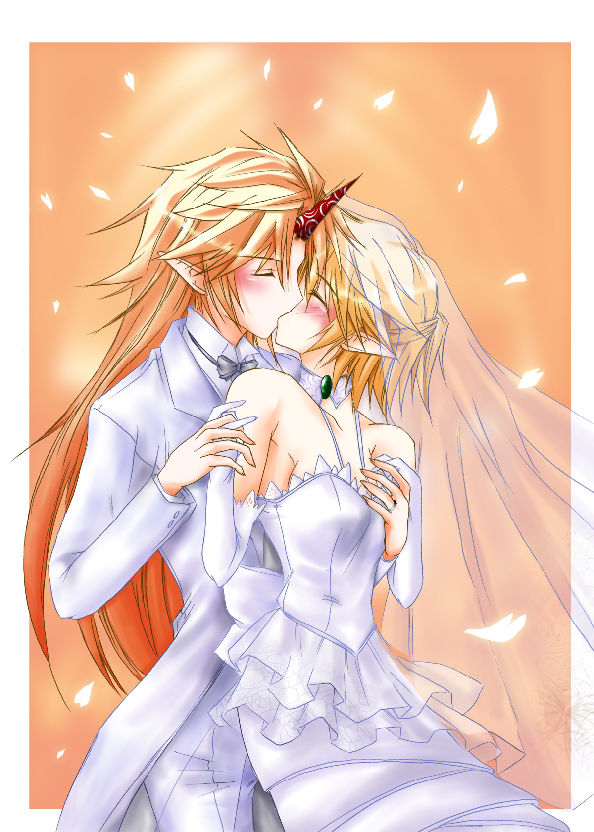 hazuki kasane, hoshiguma yuugi, mizuhashi parsee, touhou, highres, 2girls, blonde hair, bridal veil, bride, couple, dress, female focus, formal clothes, groping, horns, kiss, multiple girls, pant suit, pants, pointy ears, single horn, suit, tuxedo, veil, wedding, wedding dress, wife and wife, yuri