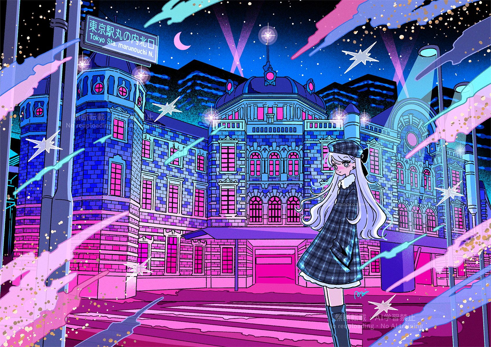 nakazawa ayami, original, commentary, highres, 1girl, beret, black coat, black hat, blush, bright pupils, building, closed mouth, coat, crescent moon, crosswalk, gradient sky, grey eyes, hands in pockets, hat, lamppost, light rays, long hair, looking at viewer, moon, night, night sky, plaid clothes, plaid coat, purple hair, sky, smile, solo, star (sky), white pupils