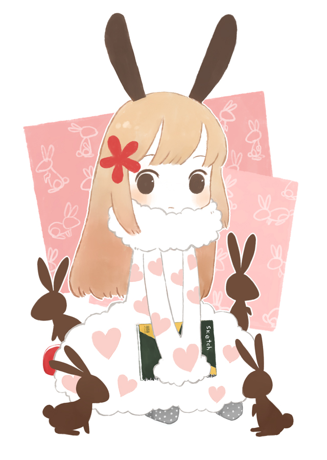 kirari chito, original, bad id, bad pixiv id, animal ears, book, brown hair, chibi, heart, long hair, polka dot, rabbit, rabbit ears, solo, thighhighs