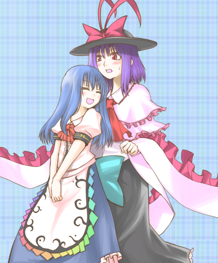 hane (hanegoya), hinanawi tenshi, nagae iku, touhou, 2girls, blue hair, blush, capelet, closed eyes, female focus, frills, hat, multiple girls, no headwear, purple hair, red eyes, shawl