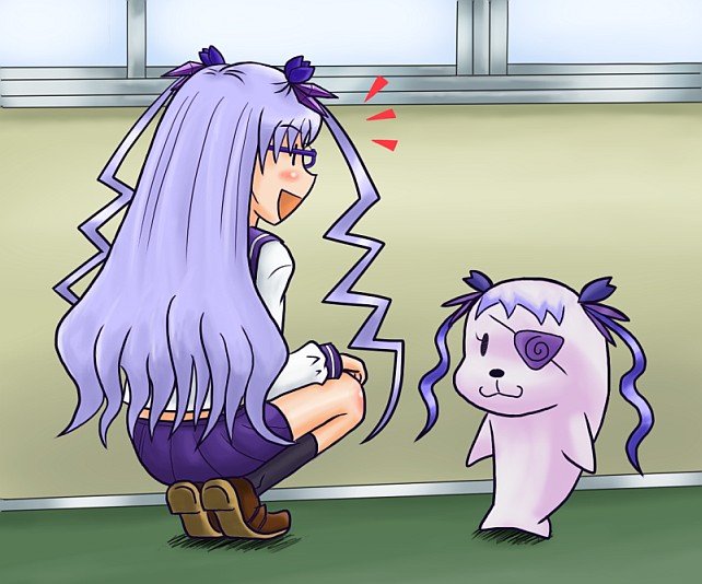 barasuishou, rozen maiden, 00s, 1girl, eyepatch, glasses, long hair, purple hair, school uniform, seal (animal), skirt, twintails, two side up, what