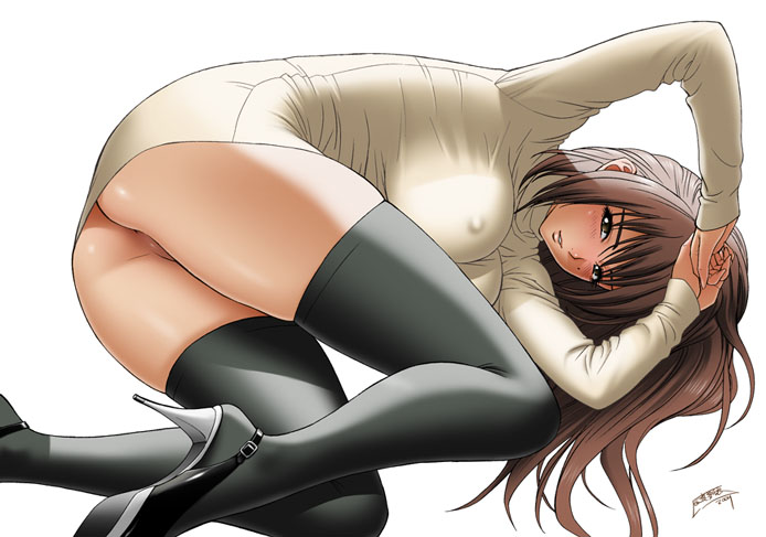 nal, tatsunami youtoku, original, 1girl, ass, black thighhighs, breasts, brown hair, covered erect nipples, female focus, high heels, large breasts, legs, long hair, long legs, looking at viewer, mature female, no panties, partially visible vulva, shoes, simple background, solo, stiletto heels, thighhighs, upskirt