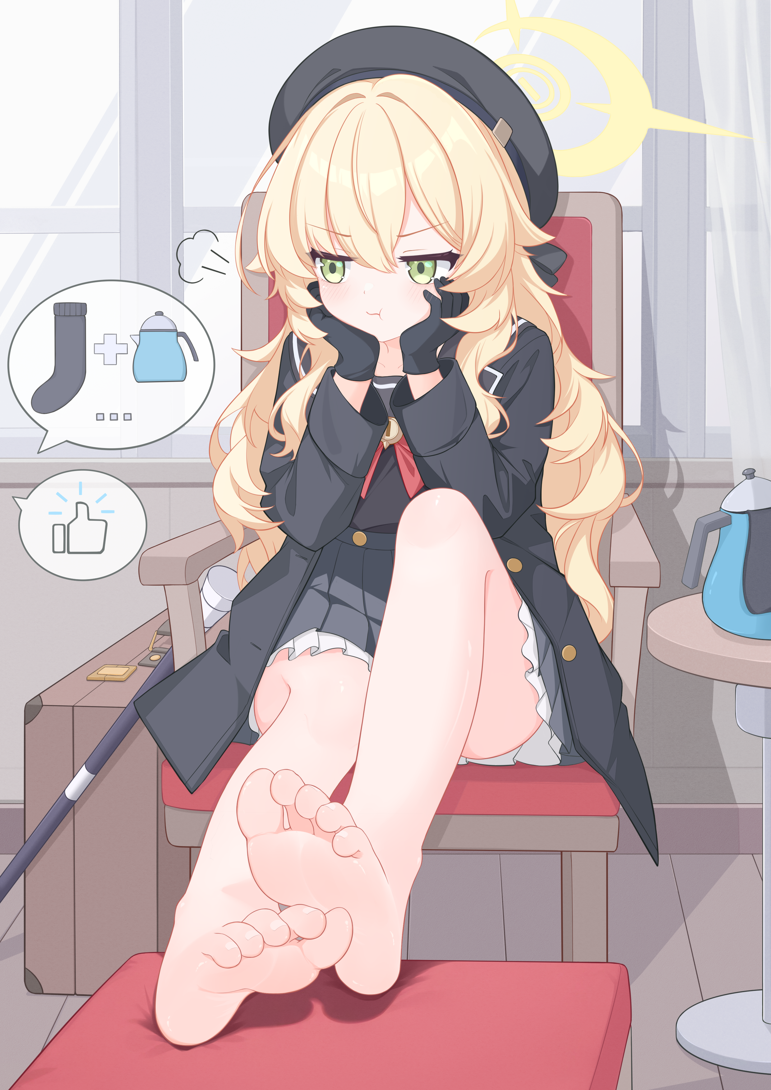 eugenecolin, professor niyaniya (blue archive), blue archive, absurdres, chinese commentary, commentary request, highres, partial commentary, revision, variant set, 1girl, :t, barefoot, black coat, black dress, black gloves, black hat, blonde hair, closed mouth, coat, dress, feet, gloves, green eyes, halo, hat, long hair, long sleeves, pout, sitting, soles, solo, speech bubble, spoken object, toes, wavy hair, yellow halo