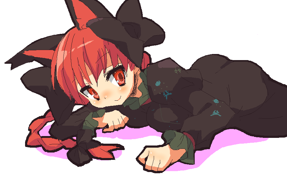 9law, kaenbyou rin, touhou, bad id, bad pixiv id, 1girl, animal ears, ass, blush, braid, breast press, breasts, cat ears, cat girl, female focus, lying, oekaki, on stomach, red eyes, red hair, smile, solo, twin braids