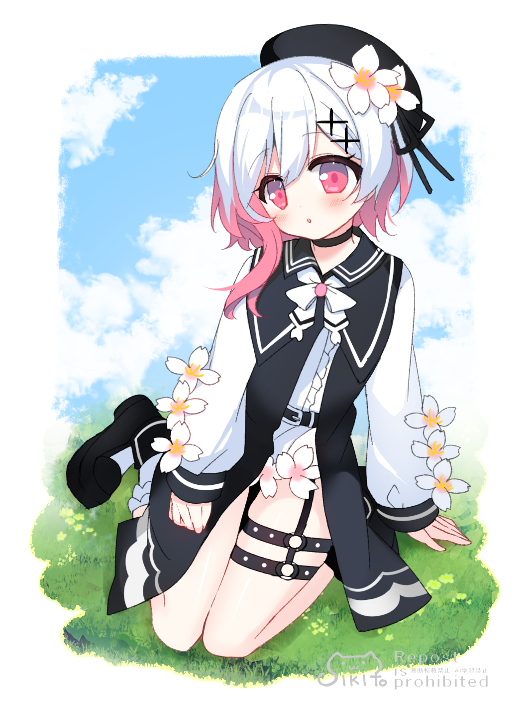 shikito (yawa0w0), sakuraba ema, mahou shoujo no majo saiban, highres, 1girl, :o, belt, belt buckle, black belt, black choker, black jacket, black shoes, blue sky, blush, buckle, center frills, choker, cloud, flower, frills, full body, hair between eyes, jacket, long sleeves, multicolored hair, on grass, parted lips, pink hair, puffy long sleeves, puffy sleeves, red eyes, shirt, shoes, skirt, sky, sleeves past wrists, socks, solo, two-tone hair, watermark, white flower, white hair, white shirt, white skirt, white socks