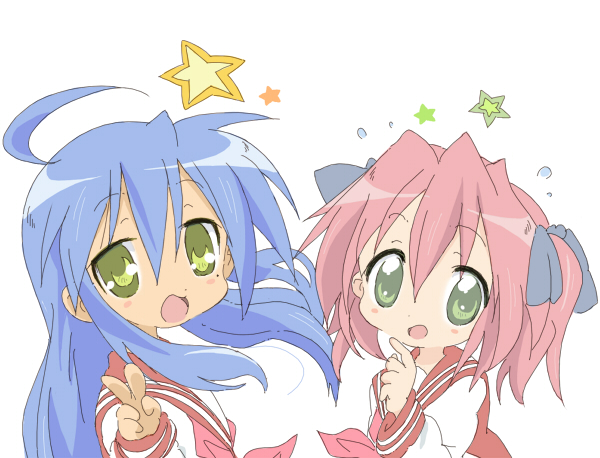 core (mayomayo), izumi konata, kobayakawa yutaka, lucky star, bad id, bad pixiv id, 00s, 2girls, ahoge, blue hair, chibi, green eyes, long sleeves, looking at viewer, mole, mole under eye, multiple girls, short twintails, simple background, star (symbol), twintails, v, white background