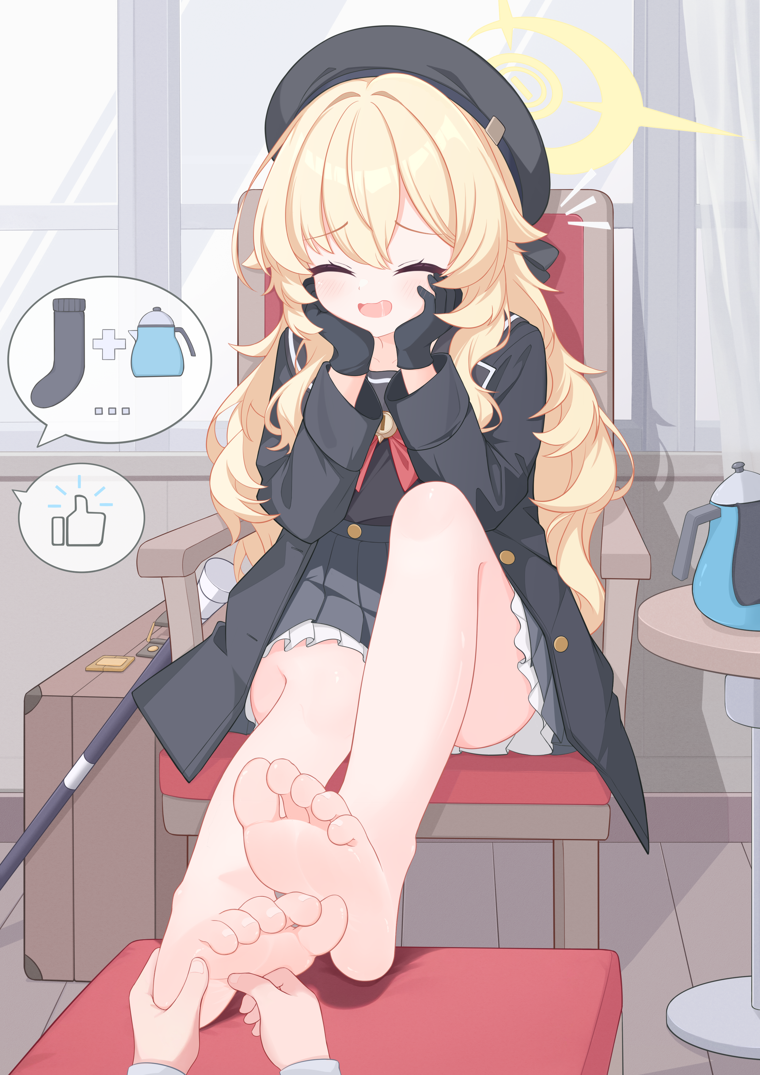 eugenecolin, professor niyaniya (blue archive), blue archive, absurdres, chinese commentary, commentary request, highres, partial commentary, revision, variant set, 1girl, :d, barefoot, black coat, black dress, black gloves, black hat, blonde hair, closed eyes, coat, dress, feet, gloves, halo, hat, laughing, long hair, long sleeves, open mouth, sitting, smile, soles, solo focus, speech bubble, spoken object, tickling, tickling feet, toes, wavy hair, yellow halo