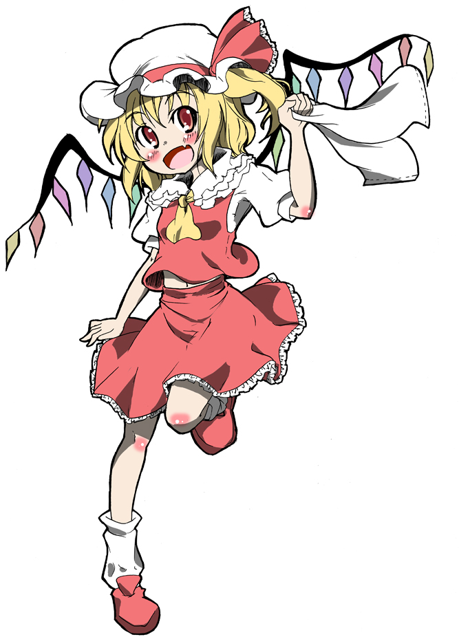 togashi yuu, flandre scarlet, touhou, 1girl, blonde hair, blush, female focus, full body, hat, head tilt, mob cap, red eyes, red shoes, shoes, short hair, simple background, socks, solo, standing, white background, white hat, white socks, wings
