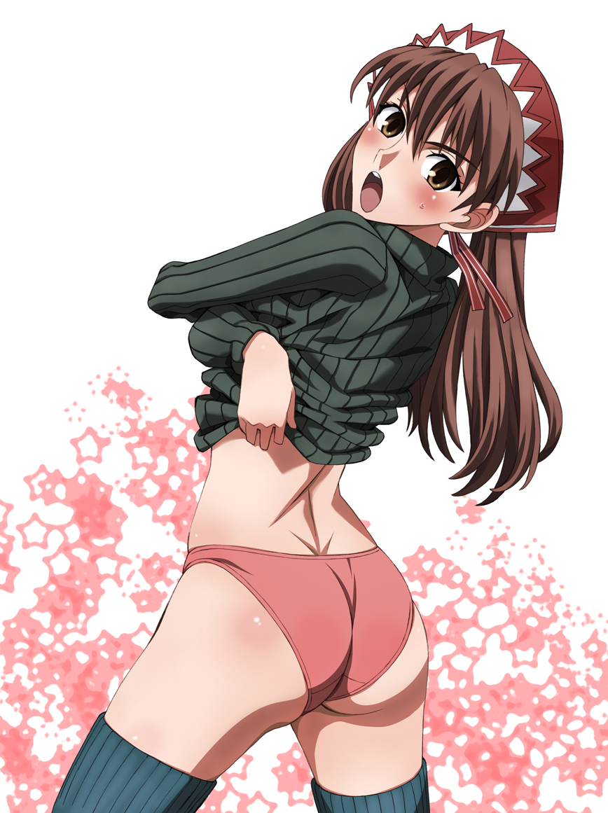 kekke, alicia melchiott, senjou no valkyria, senjou no valkyria (series), senjou no valkyria 1, 00s, 1girl, angry, ass, back, blush, brown eyes, brown hair, clothes lift, dimples of venus, female focus, long hair, looking back, open mouth, panties, red panties, shiny skin, shirt lift, skindentation, solo, thighhighs, thighs, twintails, underwear, undressing