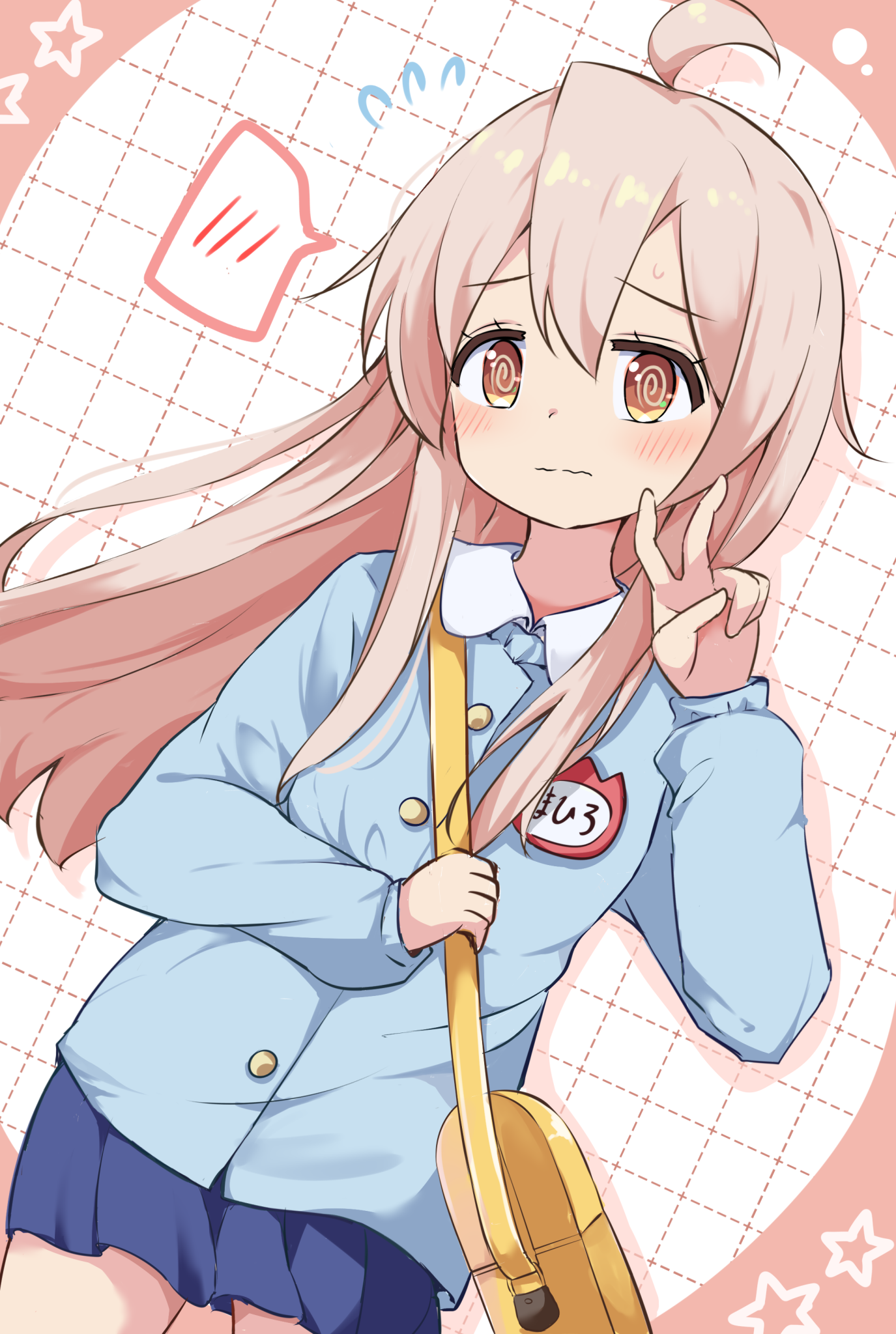 kazura, oyama mahiro, onii-chan wa oshimai!, commentary request, highres, revision, 1girl, @ @, ahoge, bag, blue shirt, blue skirt, blush, brown eyes, character name, closed mouth, collared shirt, flying sweatdrops, kindergarten uniform, long hair, long sleeves, miniskirt, name tag, pink hair, pleated skirt, shirt, shoulder bag, skirt, solo, speech bubble, spoken blush, v, wavy mouth, yellow bag