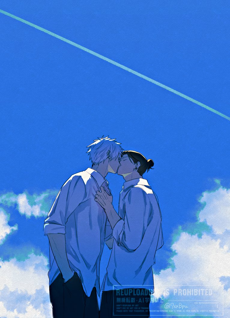 getou suguru, gojou satoru, jujutsu kaisen, 2boys, 7xxbpu, black hair, black pants, blue sky, clothes grab, cloud, cloudy sky, collared shirt, cowboy shot, hair bun, hand in pocket, kiss, male focus, multiple boys, pants, parted bangs, plug (piercing), shirt, shirt grab, sky, sleeves rolled up, twitter username, white hair, white shirt, yaoi