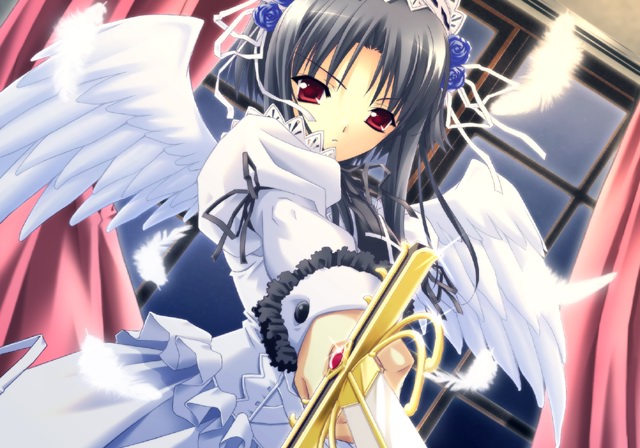 suzuhira hiro, hinamina (monochrome), monochrome (game), game cg, 1girl, angel wings, black hair, dress, feathers, female focus, flower, red eyes, rose, short hair, solo, sword, weapon, window, wings