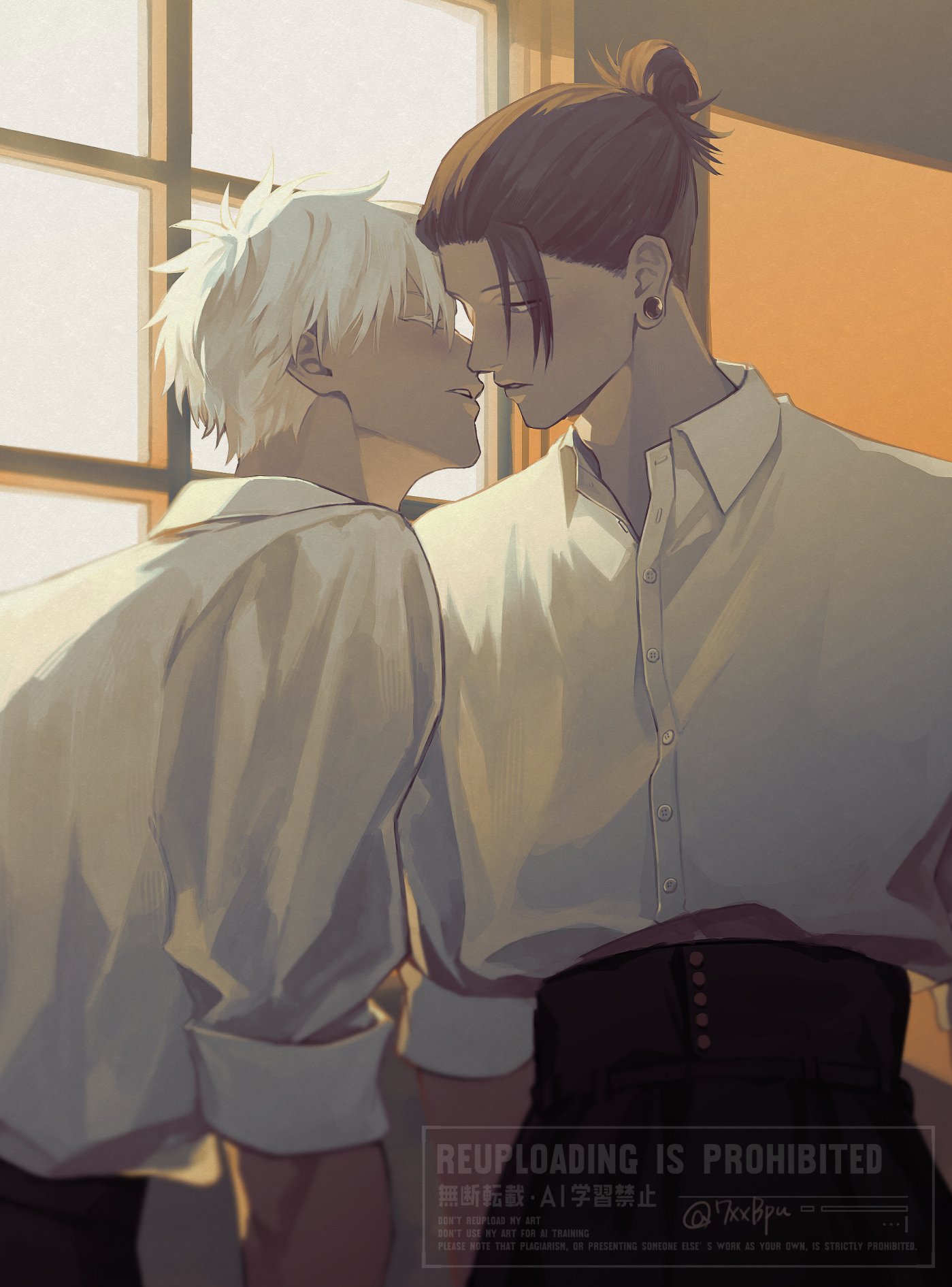getou suguru, gojou satoru, jujutsu kaisen, highres, 2boys, 7xxbpu, black hair, closed eyes, collared shirt, colored eyelashes, hair between eyes, hair bun, half-closed eyes, imminent kiss, male focus, multiple boys, pants, parted lips, plug (piercing), shirt, short hair, sleeves rolled up, twitter username, white hair, white shirt, window, yaoi