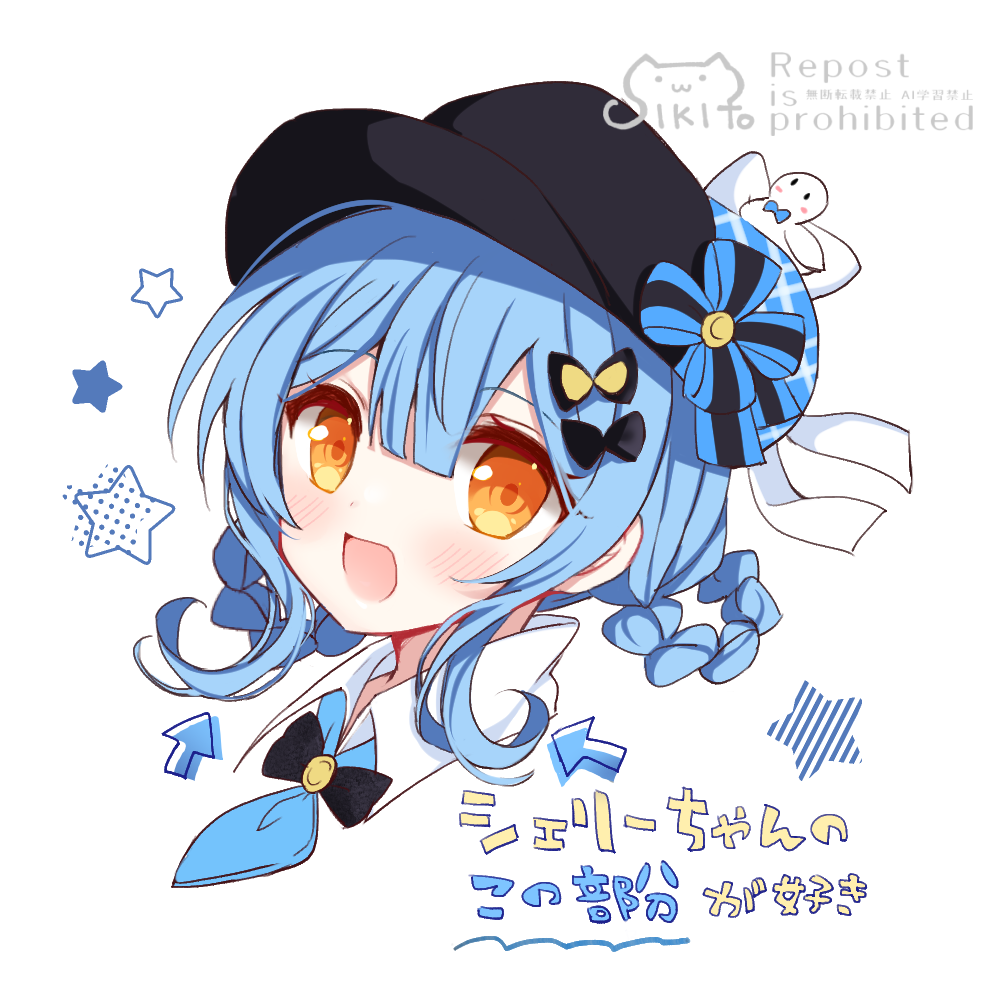 shikito (yawa0w0), tachibana sherry, mahou shoujo no majo saiban, translation request, 1girl, :d, arrow (symbol), black bow, blue hair, blue hat, blush, bow, braid, cropped shoulders, deerstalker, hair between eyes, hair rings, hat, long hair, looking at viewer, open mouth, orange eyes, simple background, smile, solo, twin braids, watermark, white background