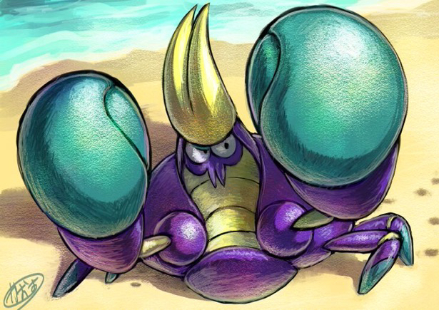 kaosu (kaosu0905), crabrawler, nintendo, pokemon, commentary request, animal focus, crab, footprints, full body, gen 7 pokemon, no humans, pokemon (creature), pokemon focus, sand, shore, signature, solo, water