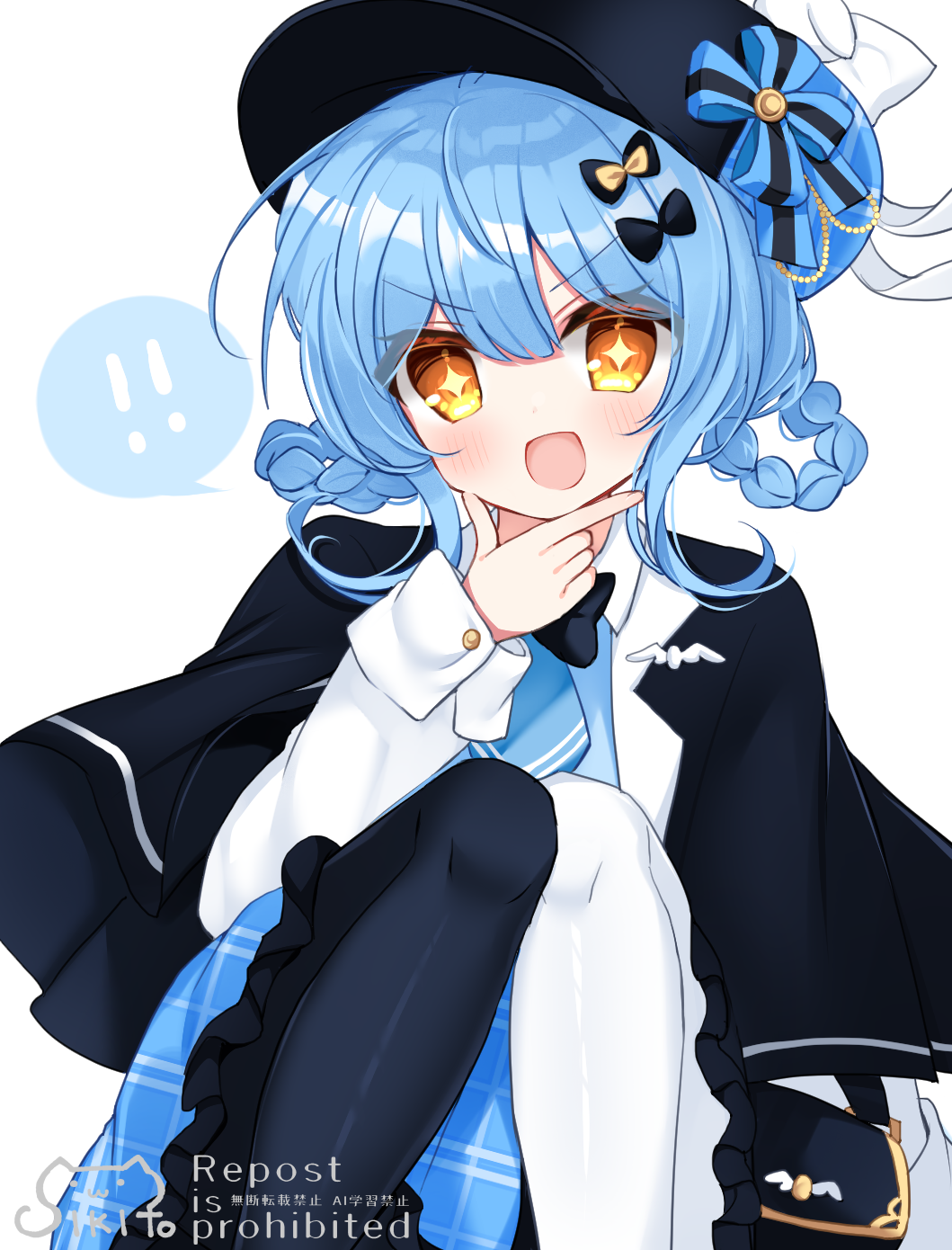 shikito (yawa0w0), tachibana sherry, mahou shoujo no majo saiban, highres, !, + +, 1girl, :d, asymmetrical legwear, black capelet, black hat, black pantyhose, blue hair, blue skirt, braid, braided hair rings, capelet, deerstalker, frilled skirt, frills, hair between eyes, hair rings, hand on own chin, hand up, hat, knees up, long sleeves, looking at viewer, mismatched legwear, open mouth, pantyhose, plaid clothes, plaid skirt, shirt, short hair, simple background, sitting, skirt, smile, solo, spoken exclamation mark, stroking own chin, v-shaped eyebrows, white background, white pantyhose, white shirt, yellow eyes