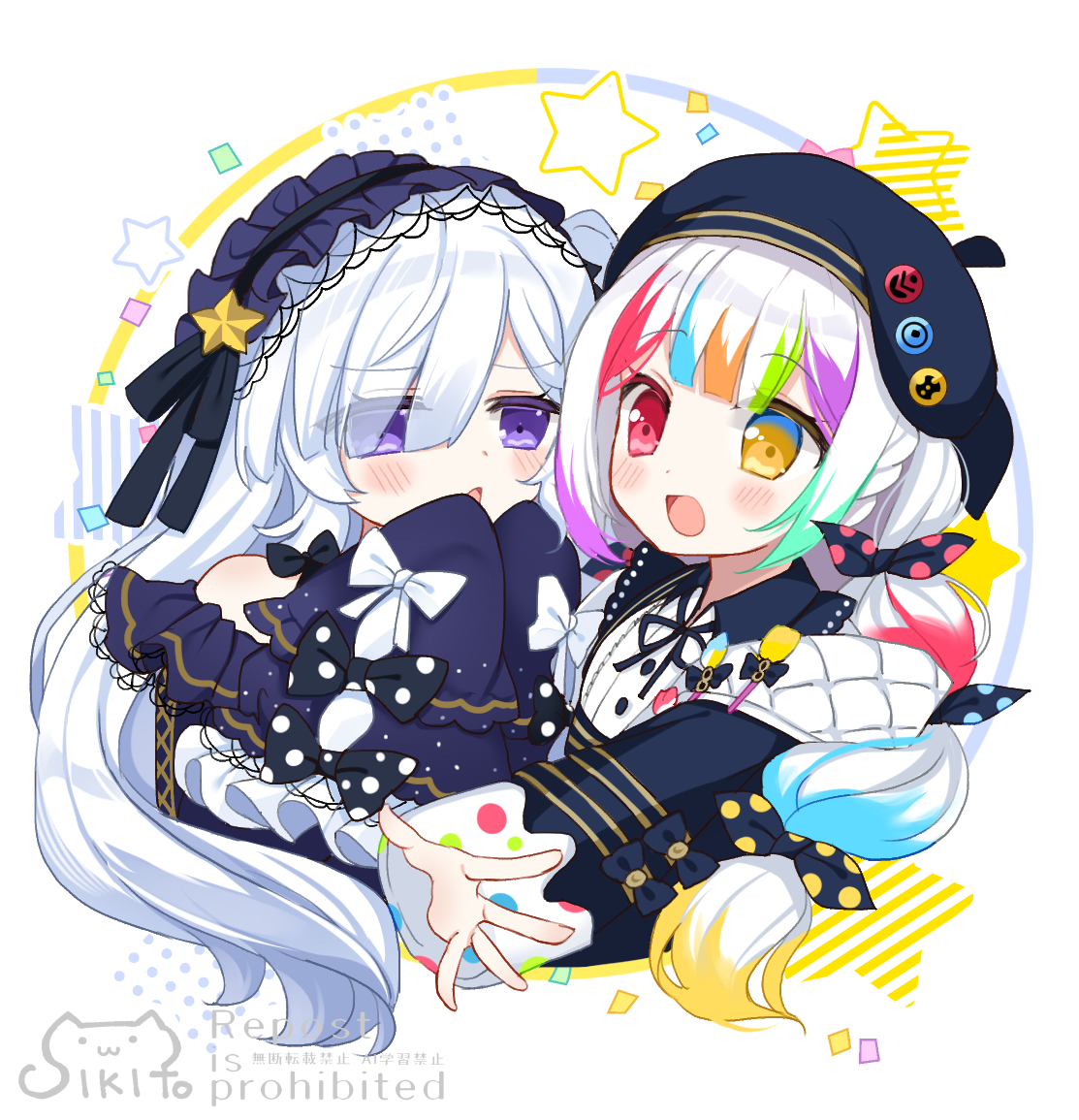 shikito (yawa0w0), jogasaki noah, natsume an-an, mahou shoujo no majo saiban, 2girls, beret, blush, bow, collared shirt, confetti, dress, frilled dress, frills, gothic lolita, hair over one eye, hairband, hands up, hat, heterochromia, lolita fashion, lolita hairband, long hair, long sleeves, looking at another, multi-tied hair, multicolored hair, multiple girls, neck ribbon, open mouth, paintbrush, polka dot, polka dot bow, purple eyes, red eyes, ribbon, shirt, sleeves past fingers, sleeves past wrists, star (symbol), streaked hair, upper body, white hair, white shirt, yellow eyes