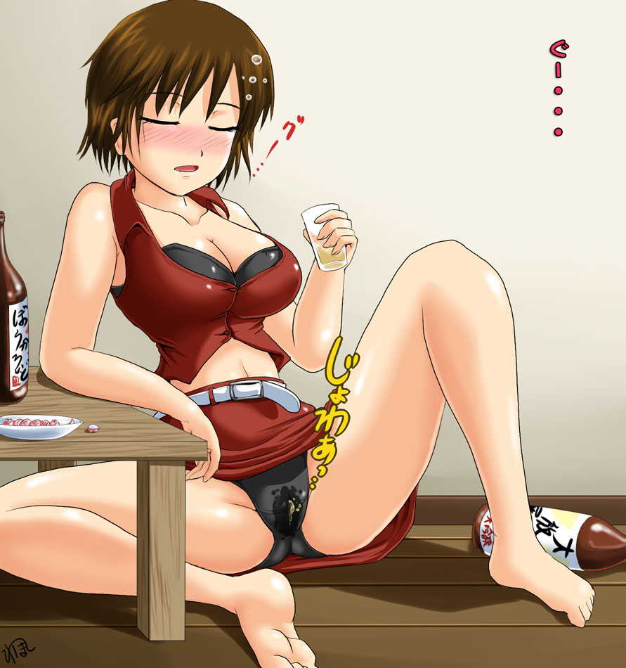 homare (suzu no oka), meiko (vocaloid), vocaloid, translated, 1girl, alcohol, black panties, blush, breasts, brown eyes, brown hair, cameltoe, cleavage, drunk, female focus, hiccup, midriff, navel, panties, pantyshot, pee, peeing, peeing self, pencil skirt, purposeful wetting, skirt, sleeping, solo, spread legs, stain, underwear, upskirt, wet, wet clothes, wet panties