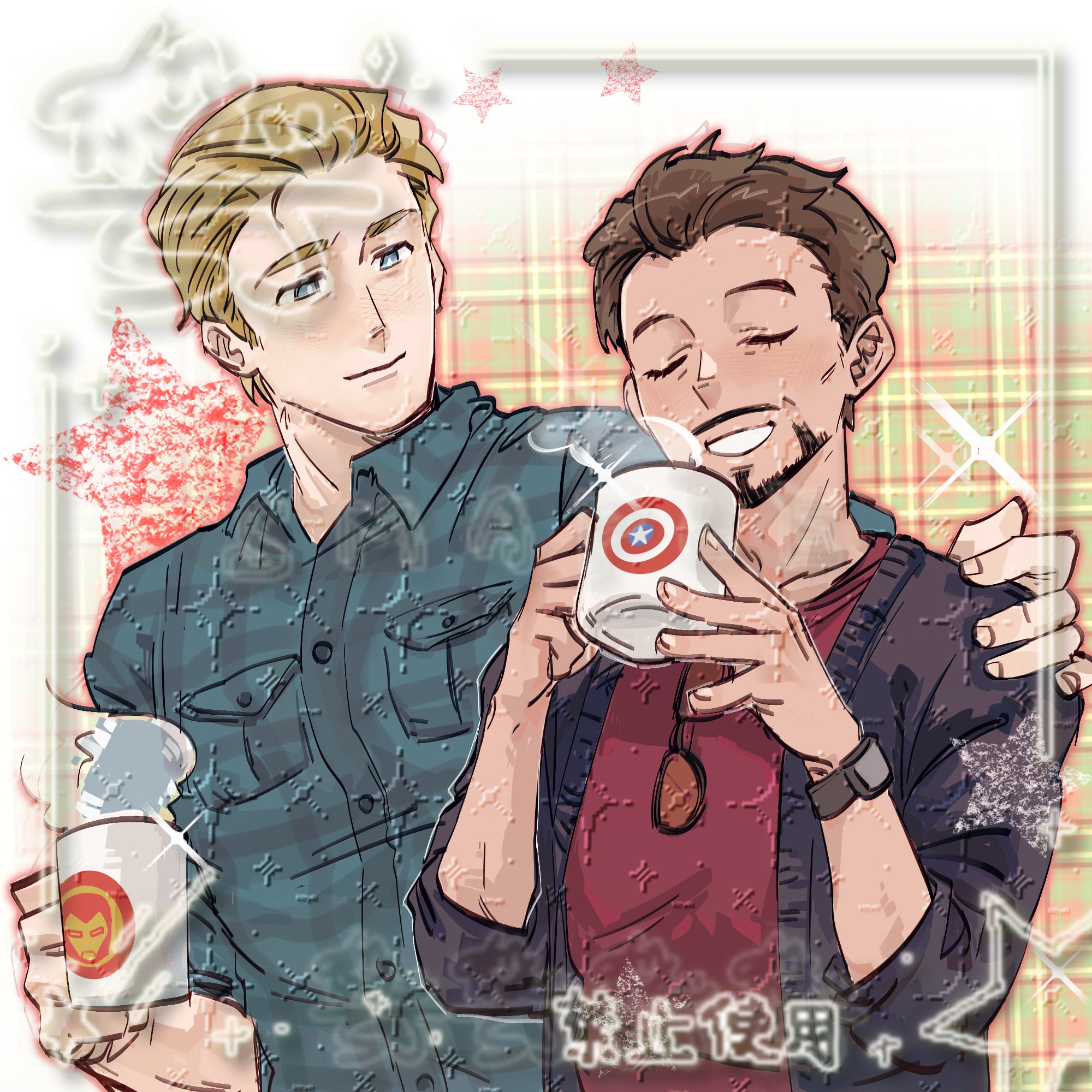 steve rogers, tony stark, avengers (series), marvel, commentary, commission, english commentary, highres, 2boys, bishie sparkle, black-framed eyewear, black jacket, blonde hair, blue eyes, blue shirt, border, breast pocket, bright pupils, brown hair, buttons, closed mouth, collarbone, collared shirt, cup, facial hair, fingernails, green background, hand on another's shoulder, hands up, holding, holding cup, jacket, long sleeves, looking at another, male focus, multiple boys, open clothes, open jacket, orange-tinted eyewear, outside border, plaid background, pocket, red shirt, shajiang144584, shirt, short hair, sleeves rolled up, smile, star (symbol), steam, sunglasses, t-shirt, teeth, tinted eyewear, unworn eyewear, upper body, watch, white border, white pupils, wristwatch