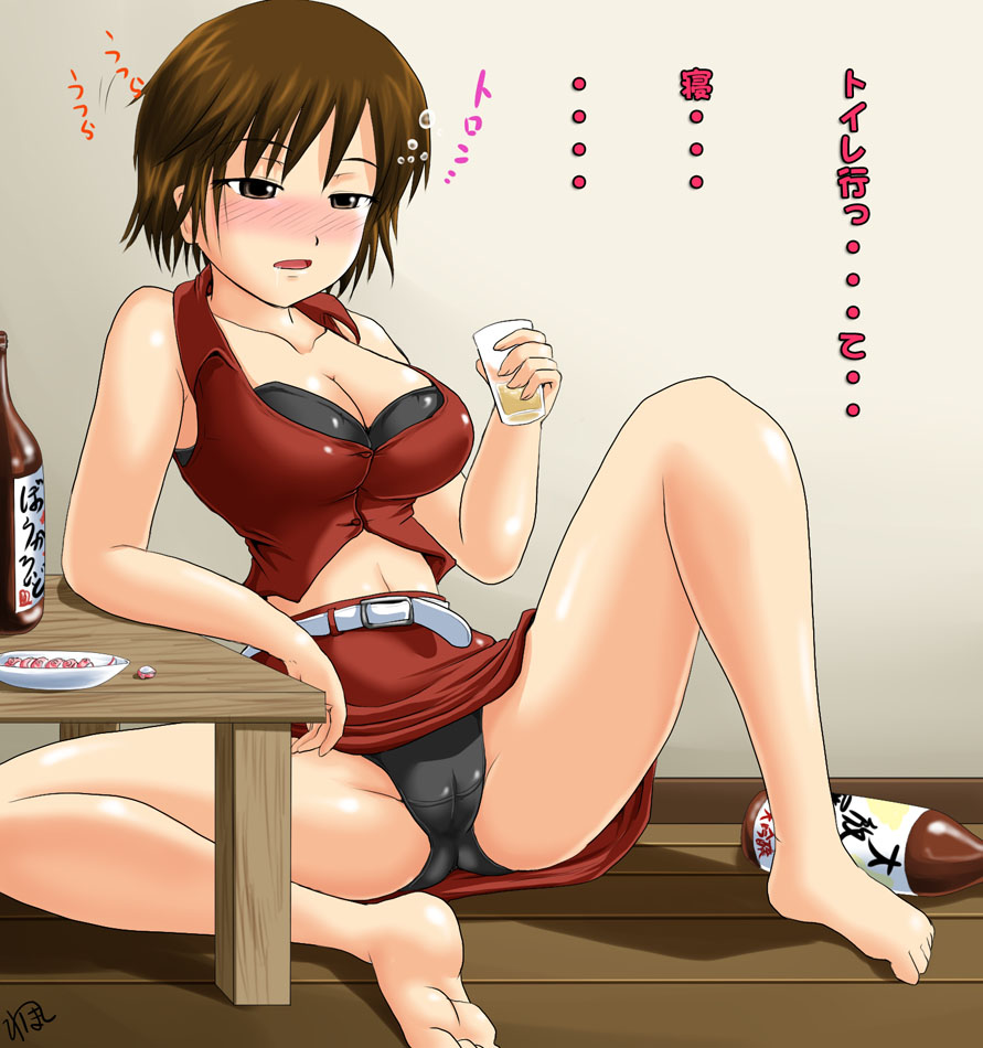 homare (suzu no oka), meiko (vocaloid), vocaloid, translated, 1girl, alcohol, black panties, blush, breasts, brown eyes, brown hair, cameltoe, cleavage, drunk, female focus, have to pee, hiccup, large breasts, midriff, navel, panties, pantyshot, pencil skirt, skirt, solo, spread legs, underwear, upskirt