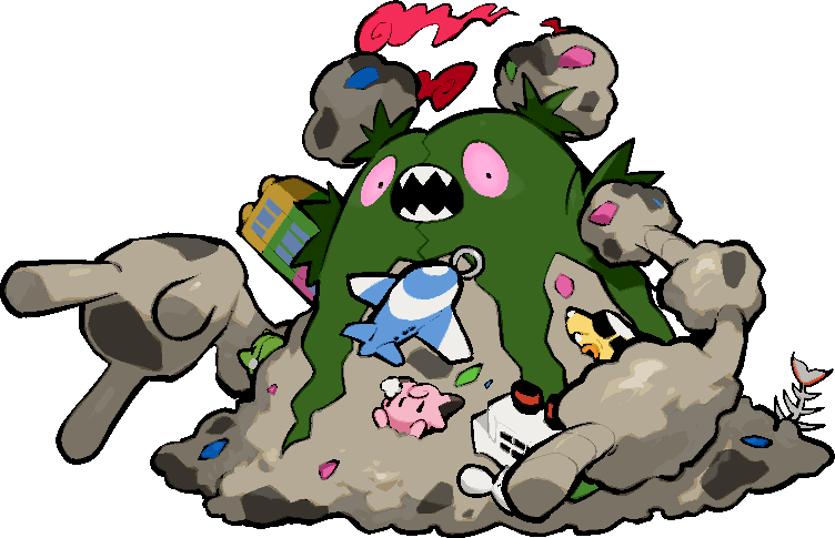 kawaanago, clefairy, garbodor, gigantamax garbodor, nintendo, pokemon, commentary request, dynamax, fish skeleton, full body, gen 1 pokemon, gen 5 pokemon, gigantamax, open mouth, pokemon (creature), pokemon focus, red clouds, sharp teeth, solo, stuffed toy, substitute (pokemon), teeth, toy airplane, toy boat, toy car, transparent background, trash