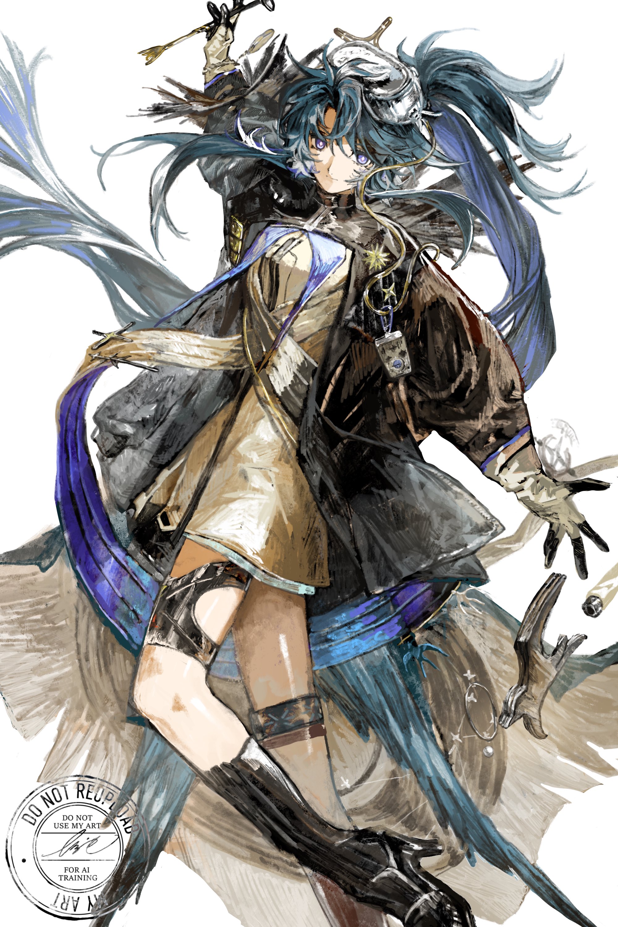 nanataru10, astgenne (arknights), arknights, absurdres, commentary, highres, 1girl, animal ears, astgenne the lightchaser (arknights), bird ears, bird girl, black coat, black gloves, black shoes, blue eyes, blue hair, coat, dress, floating, gloves, goggles, goggles on head, high heels, holding, holding wand, levitation, long hair, ponytail, shoes, simple background, solo, two-tone gloves, wand, white background, white dress, white gloves