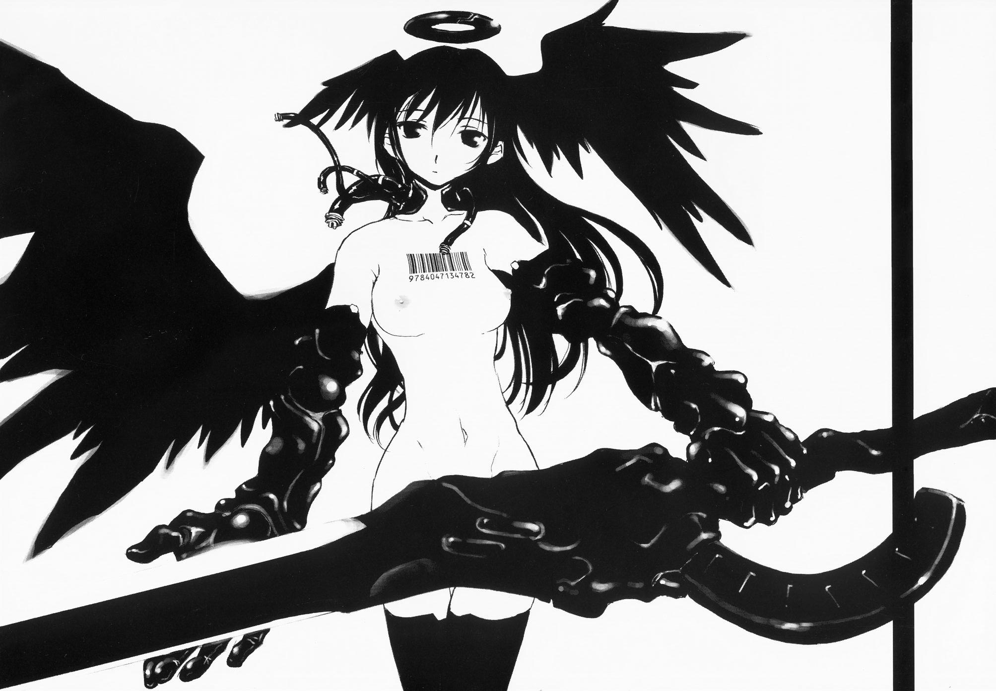 ouma tokiichi, highres, 1girl, barcode, black wings, breasts, cable, censored, convenient censoring, female focus, greyscale, halo, long hair, medium breasts, monochrome, nipples, nude, solo, sword, thighhighs, weapon, wings