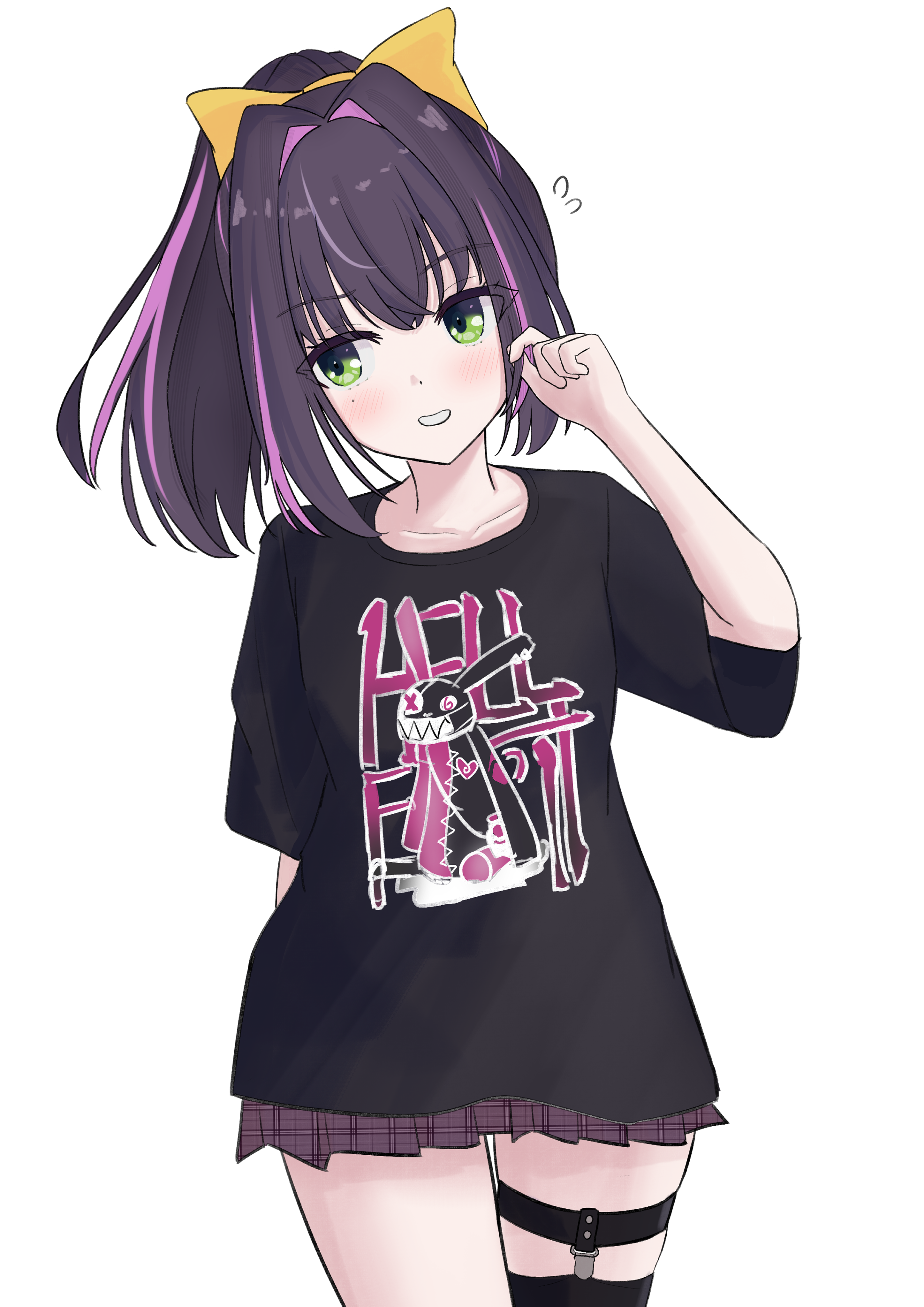 nabari anju, limelight lemonade jam, absurdres, commentary request, highres, 1girl, arm behind back, black hair, black thighhighs, blush, bow, clothes writing, cowboy shot, english text, eyes visible through hair, fidgeting, flying sweatdrops, green eyes, hair between eyes, hair bow, hair intakes, hand up, long hair, looking to the side, miniskirt, minnku 0905, mole, mole under eye, multicolored hair, pink hair, plaid clothes, plaid skirt, pleated skirt, ponytail, purple skirt, shirt, short sleeves, shy, sidelocks, simple background, single thighhigh, skirt, smile, solo, streaked hair, t-shirt, thigh strap, thighhighs, two-tone hair, white background, wide sleeves, yellow bow, zettai ryouiki