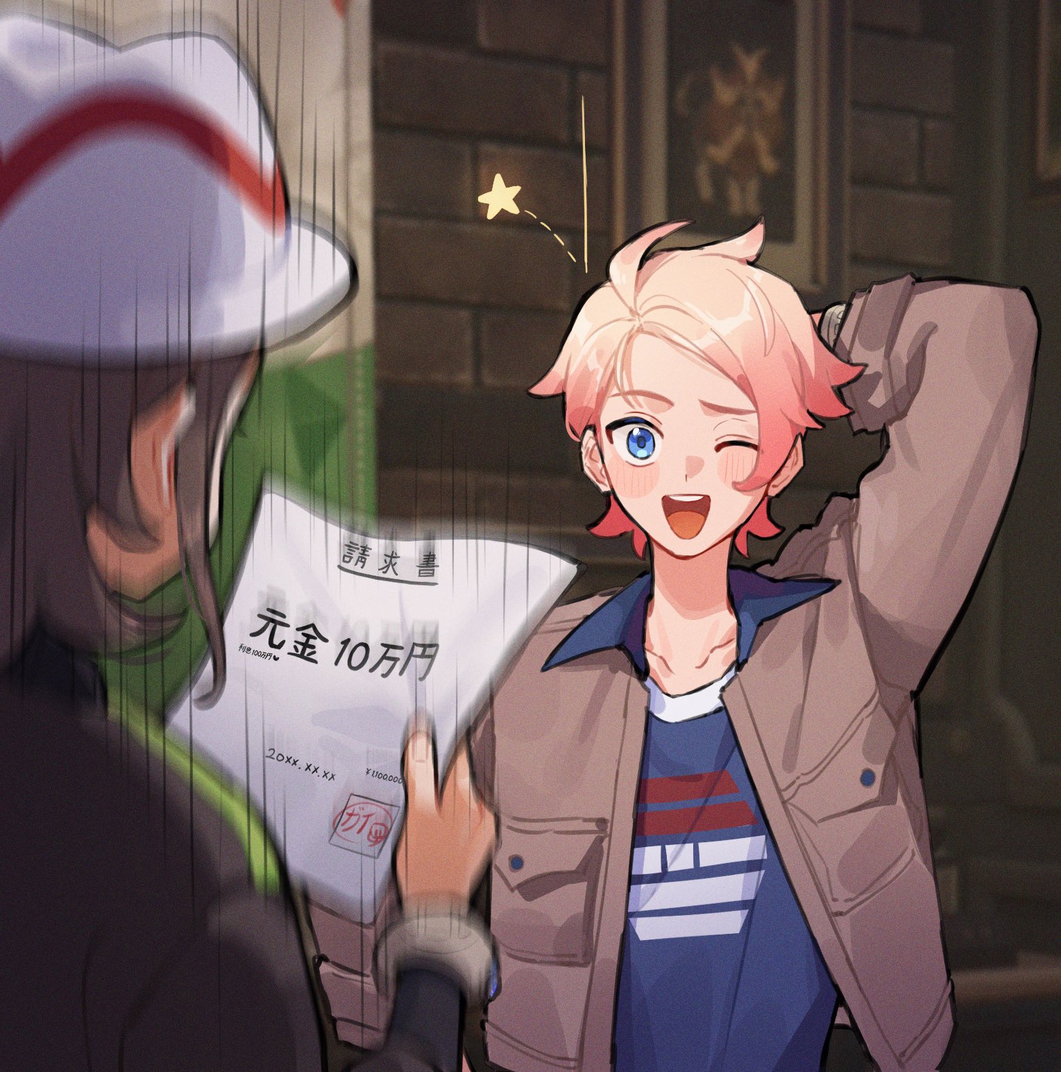 nanacho09, harmony (pokemon), urbain (pokemon), nintendo, pokemon, pokemon legends: z-a, highres, 1girl, 4boys, blonde hair, debt, gradient hair, hat, multicolored hair, multiple boys, one eye closed, orange hair, smile, star (symbol), upper body