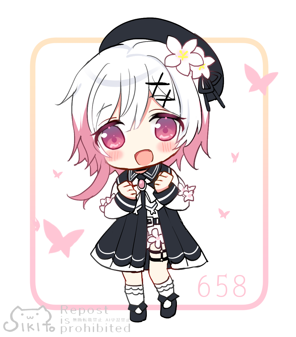 shikito (yawa0w0), sakuraba ema, mahou shoujo no majo saiban, 1girl, :d, belt, belt buckle, beret, black belt, black hat, black jacket, black shoes, blush, buckle, chibi, clenched hands, fangs, flower, full body, hair between eyes, hands up, hat, jacket, looking at viewer, multicolored hair, open clothes, open jacket, open mouth, pink hair, purple eyes, shirt, shoes, skirt, smile, socks, solo, standing, tilted headwear, two-tone hair, watermark, white background, white flower, white hair, white shirt, white skirt, white socks