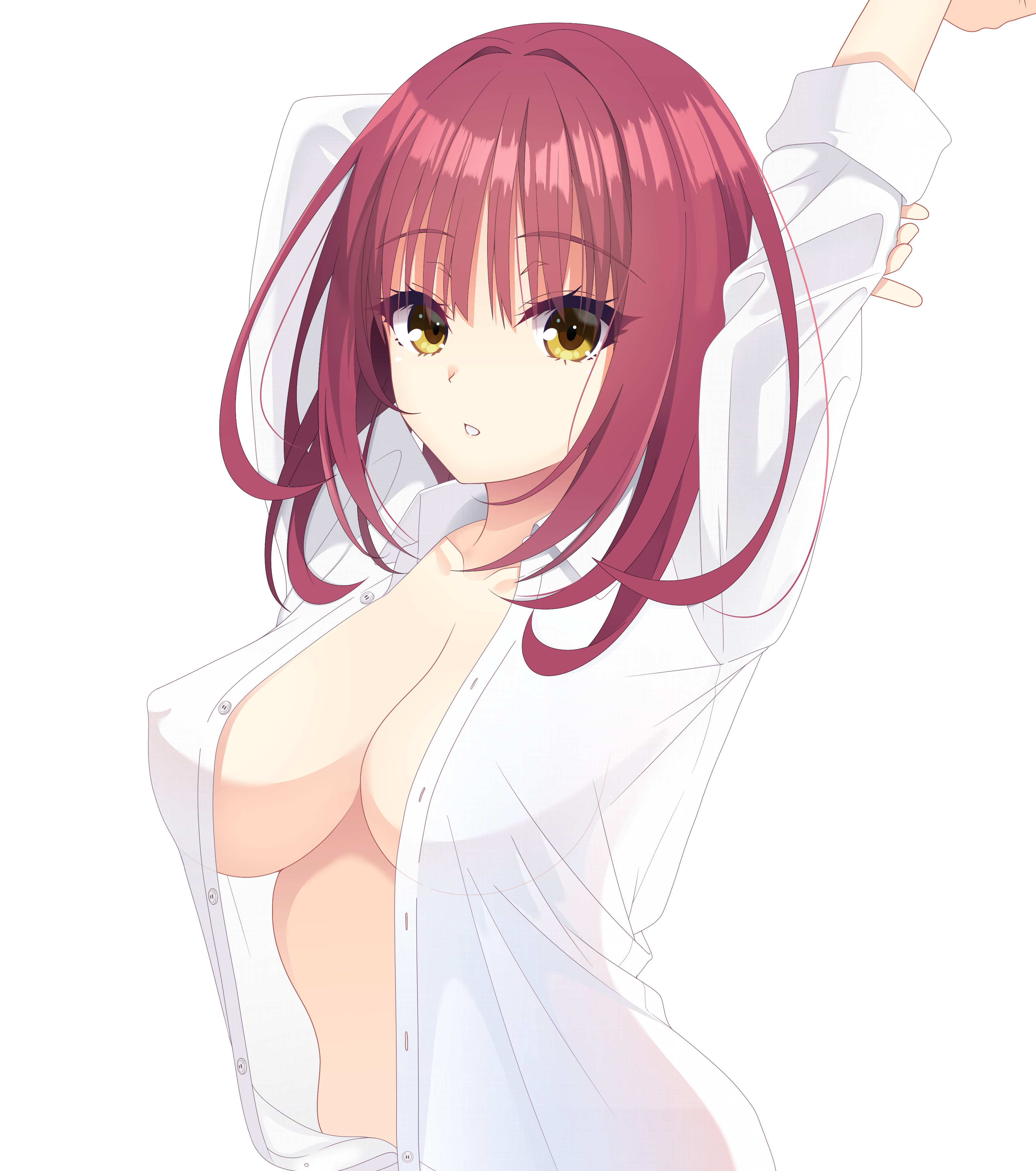 kaon zz, limelight lemonade jam, absurdres, commentary, highres, paid reward available, 1girl, alternate costume, arms behind head, arms up, borrowed clothes, breasts, buttons, cleavage, collarbone, collared shirt, covered erect nipples, dress shirt, eyelashes, eyes visible through hair, futamihara ririko, hair between eyes, hair intakes, large breasts, long sleeves, looking at viewer, medium hair, naked shirt, open clothes, open shirt, parted lips, red hair, shirt, simple background, solo, straight hair, stretching, upper body, white background, white shirt, yellow eyes
