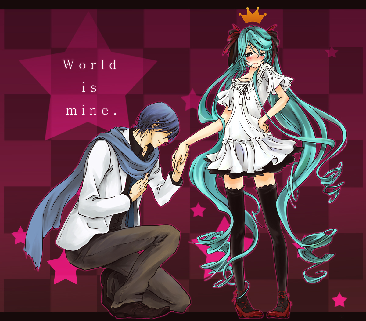 hatsune miku, kaito (vocaloid), vocaloid, world is mine (vocaloid), 1boy, 1girl, aqua eyes, blue hair, blue scarf, blush, crown, dress, drill hair, long hair, ribbon, scarf, short hair, thighhighs, twintails