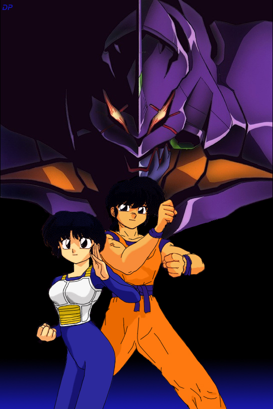 eva 01, saotome ranma, tendou akane, dragon ball, dragonball z, neon genesis evangelion, ranma 1/2, 1boy, 1girl, cosplay, crossover, son goku (cosplay), vegeta (cosplay)