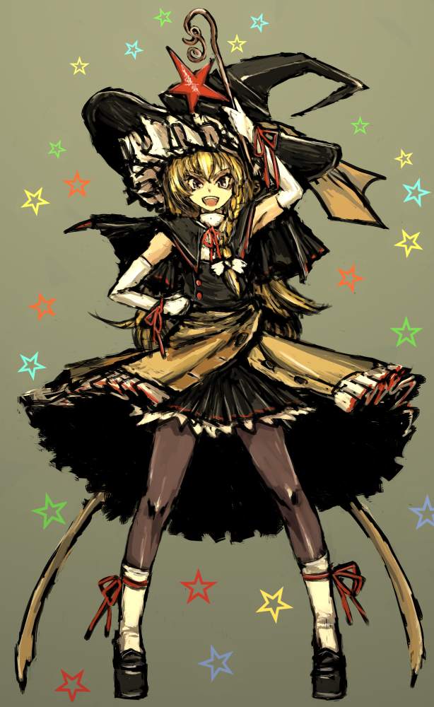 moto murabito, kirisame marisa, touhou, traditional media, 1girl, armpits, blonde hair, braid, elbow gloves, female focus, gloves, hat, ribbon, solo, star (symbol), thighhighs, wand, witch, witch hat