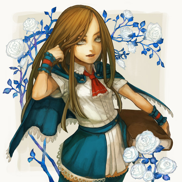 sarry23, charlotte aulin, castlevania: portrait of ruin, castlevania (series), book, brown hair, cape, eyelashes, flower, forehead, frills, lace, long hair, miniskirt, ribbon, rose, skirt, solo, thighhighs, uncanny valley, white eyes, white flower, white rose, wristband, zettai ryouiki