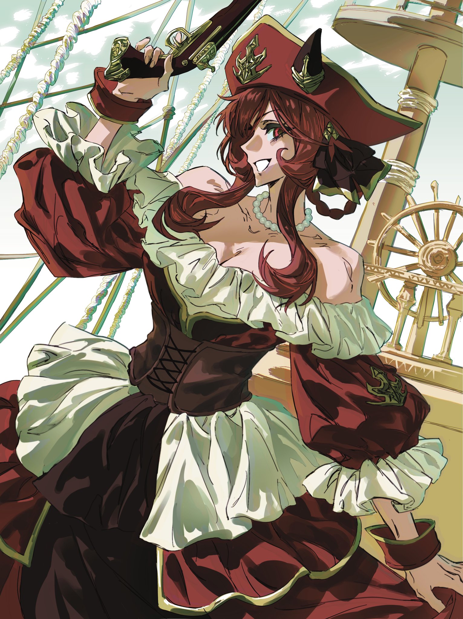 molen106, gentildonna (umamusume), umamusume, highres, 1girl, alternate costume, animal ears, bare shoulders, braid, braided hair rings, breasts, brown corset, brown hair, cleavage, collarbone, corset, dress, ear covers, ear ornament, ears through headwear, gun, hair between eyes, hair ornament, hair rings, hat, holding, holding gun, holding weapon, horse ears, horse girl, jewelry, long hair, long sleeves, looking at viewer, medium breasts, necklace, off-shoulder dress, off shoulder, open mouth, outdoors, pearl necklace, pirate costume, pirate hat, pirate ship, red dress, red eyes, ship, sky, smile, solo, tricorne, watercraft, weapon