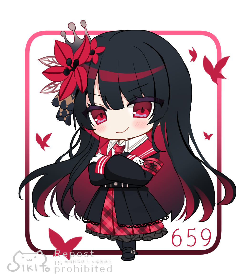 shikito (yawa0w0), nikaido hiro, mahou shoujo no majo saiban, 1girl, black dress, black hair, black shoes, blunt bangs, bug, butterfly, chibi, chibi only, closed mouth, crossed arms, crown, dress, flower, full body, hair flower, hair ornament, insect, long hair, long sleeves, looking at viewer, magical girl, red butterfly, red eyes, red flower, shoes, smile, solo, standing, very long hair, white background