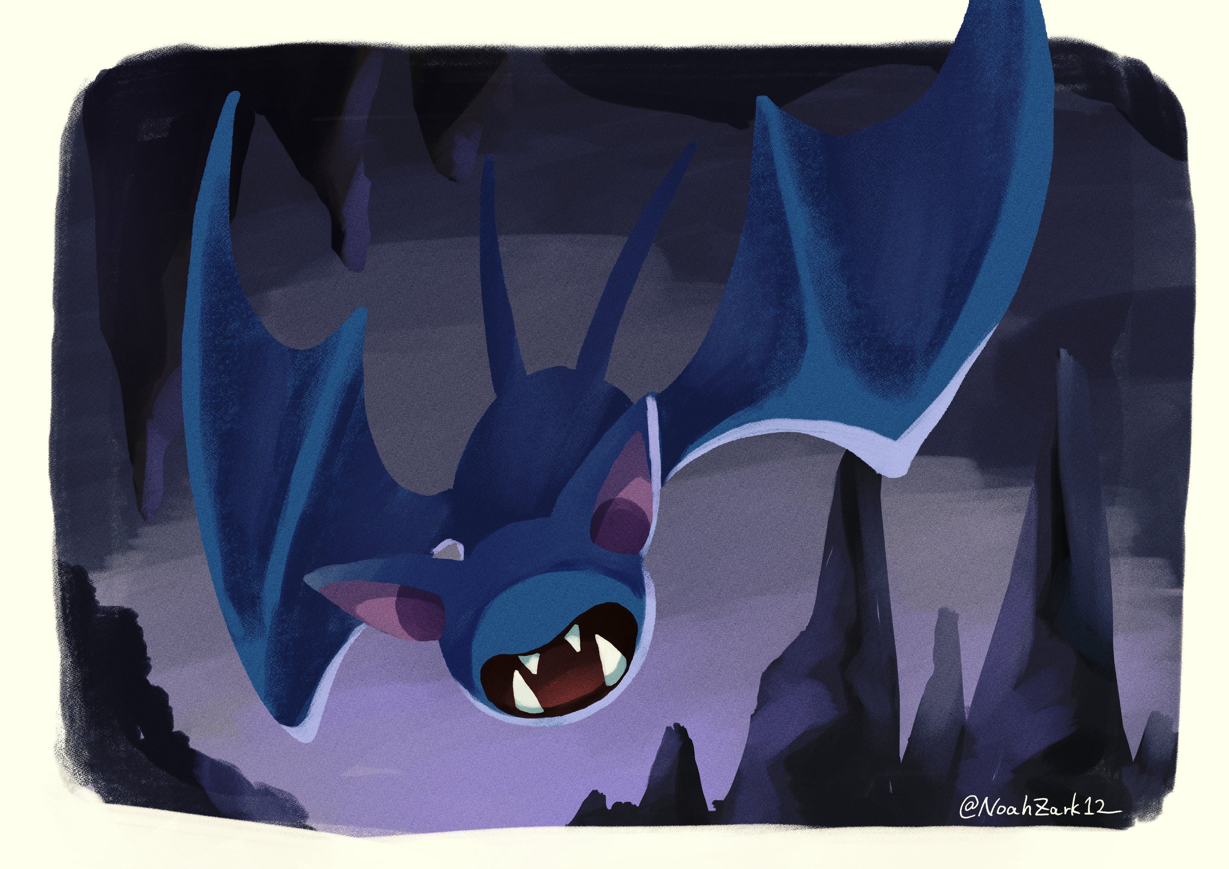 noahzark1212, zubat, nintendo, pokemon, absurdres, highres, animal focus, bat (animal), cave, cave interior, fangs, gen 1 pokemon, no eyes, no humans, open mouth, pokemon (creature), pokemon focus, sharp teeth, solo, teeth, wings