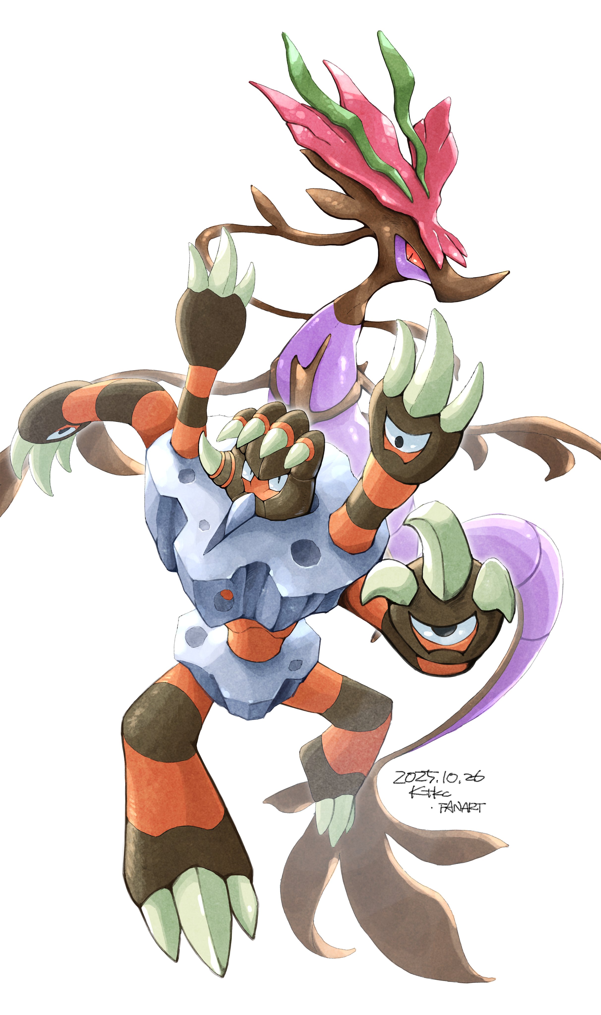 katkichi, barbaracle, dragalge, nintendo, pokemon, absurdres, highres, claws, closed mouth, colored sclera, extra eyes, fish, gen 6 pokemon, leafy seadragon, looking at viewer, no humans, pokemon (creature), pokemon focus, red eyes, red sclera, seahorse, simple background, white background