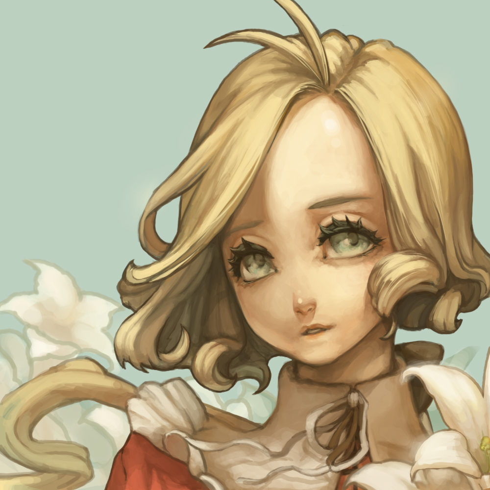 sarry23, maria renard, castlevania: dracula x chronicles, castlevania (series), 1girl, aged down, antenna hair, blonde hair, blue eyes, child, close-up, eyelashes, female focus, flower, forehead, frills, green background, green eyes, hair ribbon, lily (flower), lipstick, long hair, low ponytail, makeup, ponytail, portrait, ribbon, short hair, smile, solo, turtleneck, uncanny valley, wavy hair