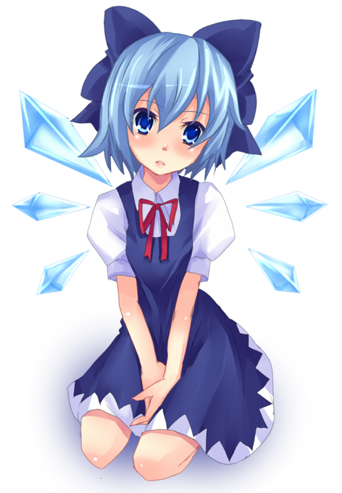 yuri (purinlove), cirno, embodiment of scarlet devil, touhou, 1girl, blue eyes, blue hair, dress, female focus, full body, gradient background, matching hair/eyes, ribbon, short hair, solo, white background, wings